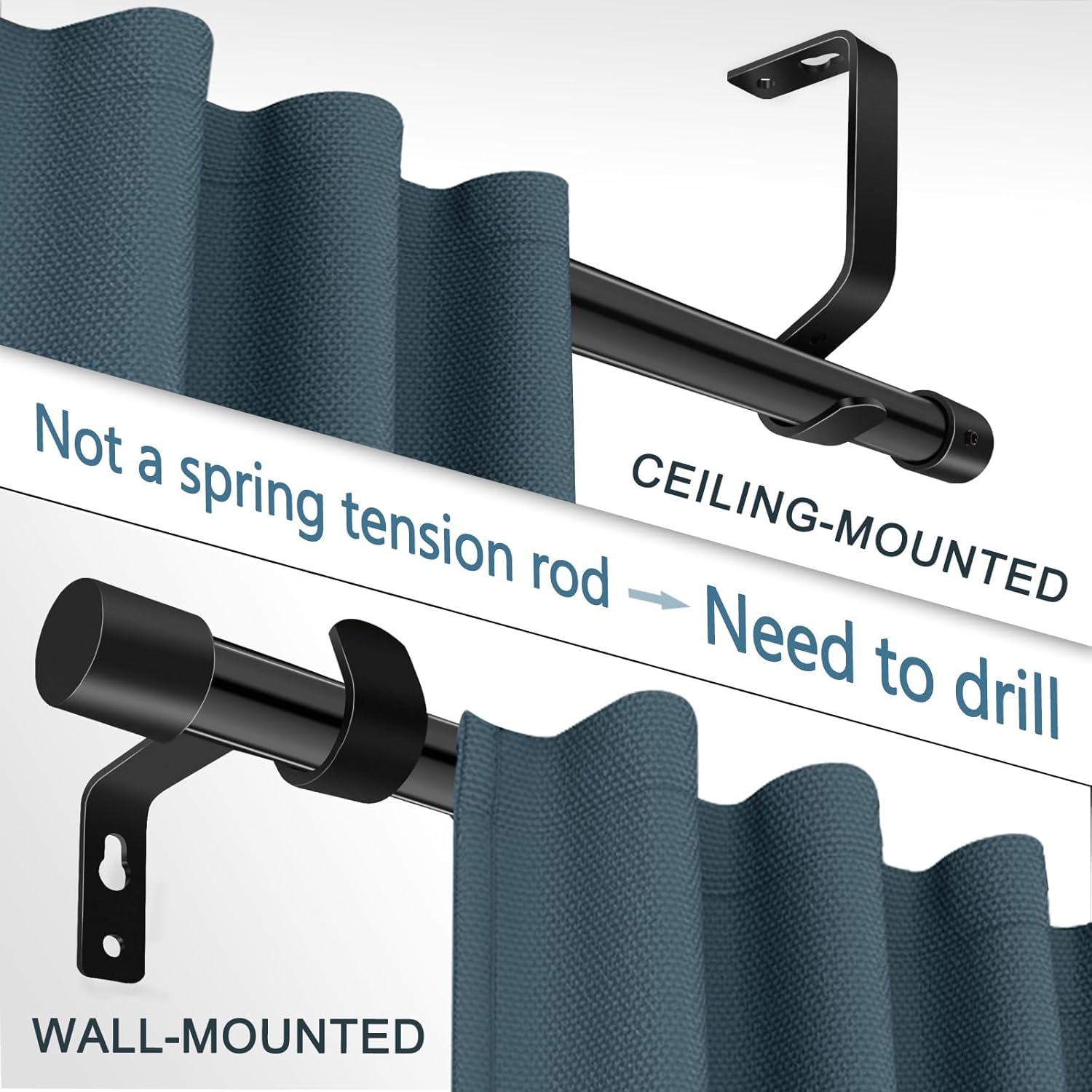 36-65 Inch Black Curtain Rod with Blue Horse Finials