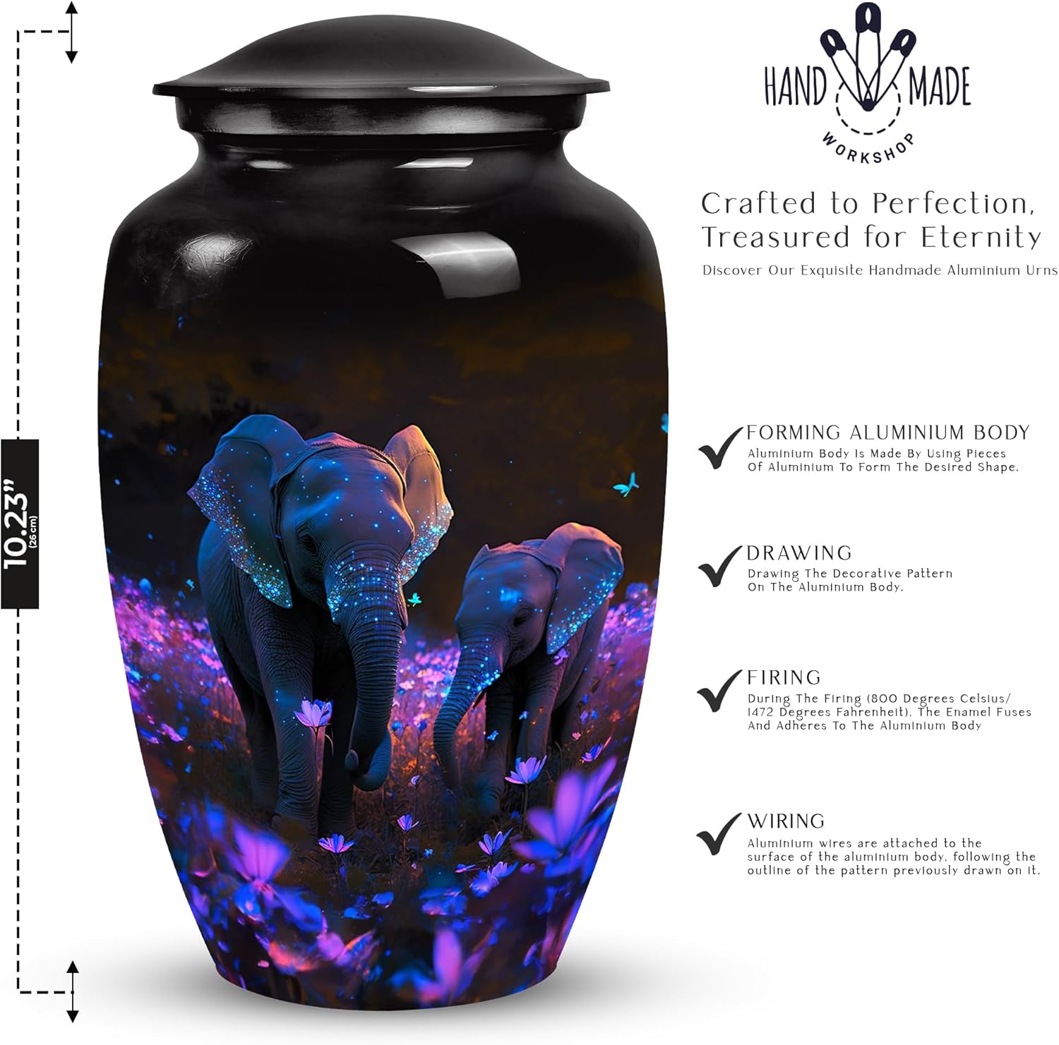 Elephant in Flower Field Cremation Urn - 10 Inch Adult Ashes Container