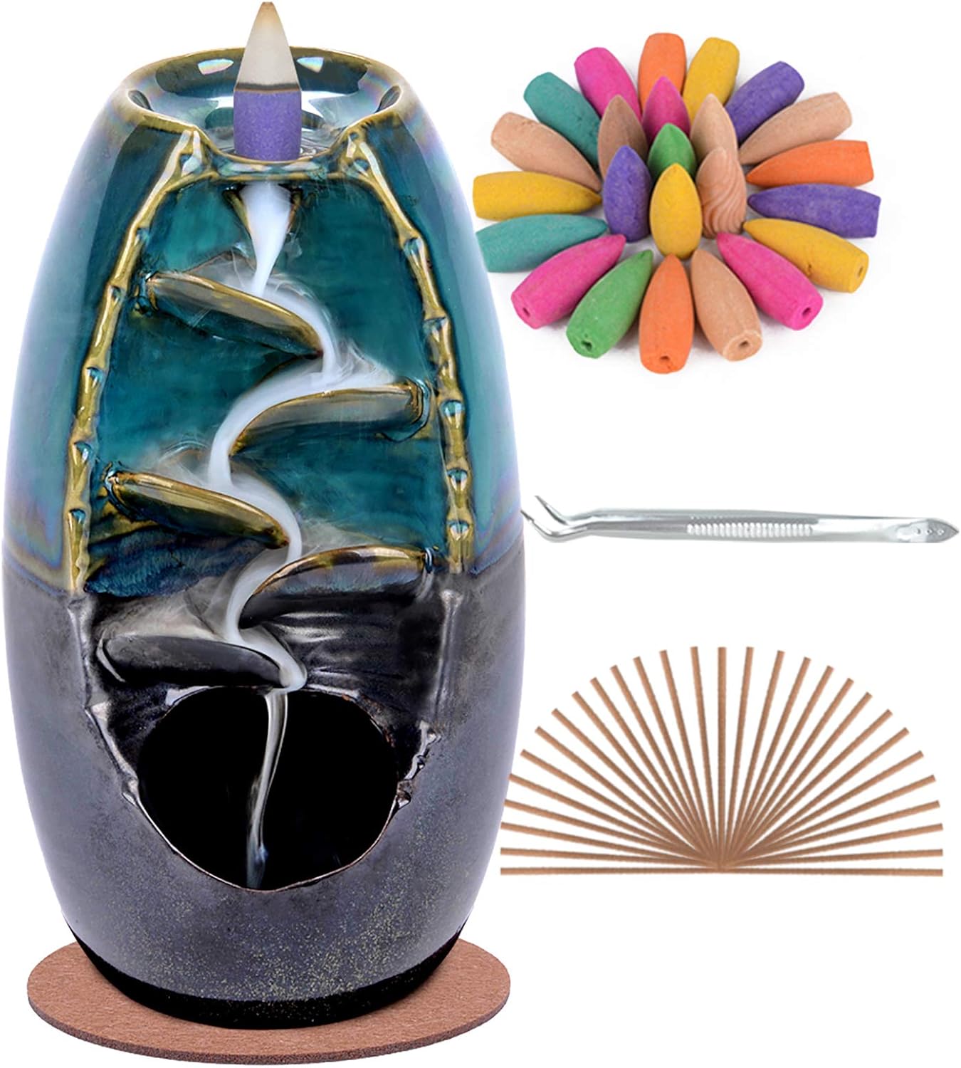 SPACEKEEPER Blue Ceramic Backflow Incense Burner with 120 Cones and 30 Sticks