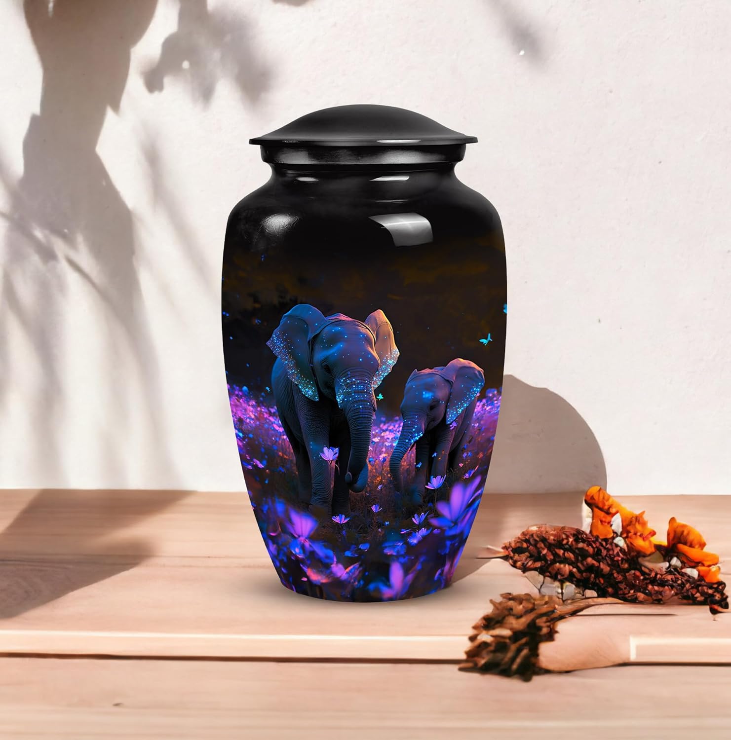 Elephant in Flower Field Cremation Urn - 10 Inch Adult Ashes Container