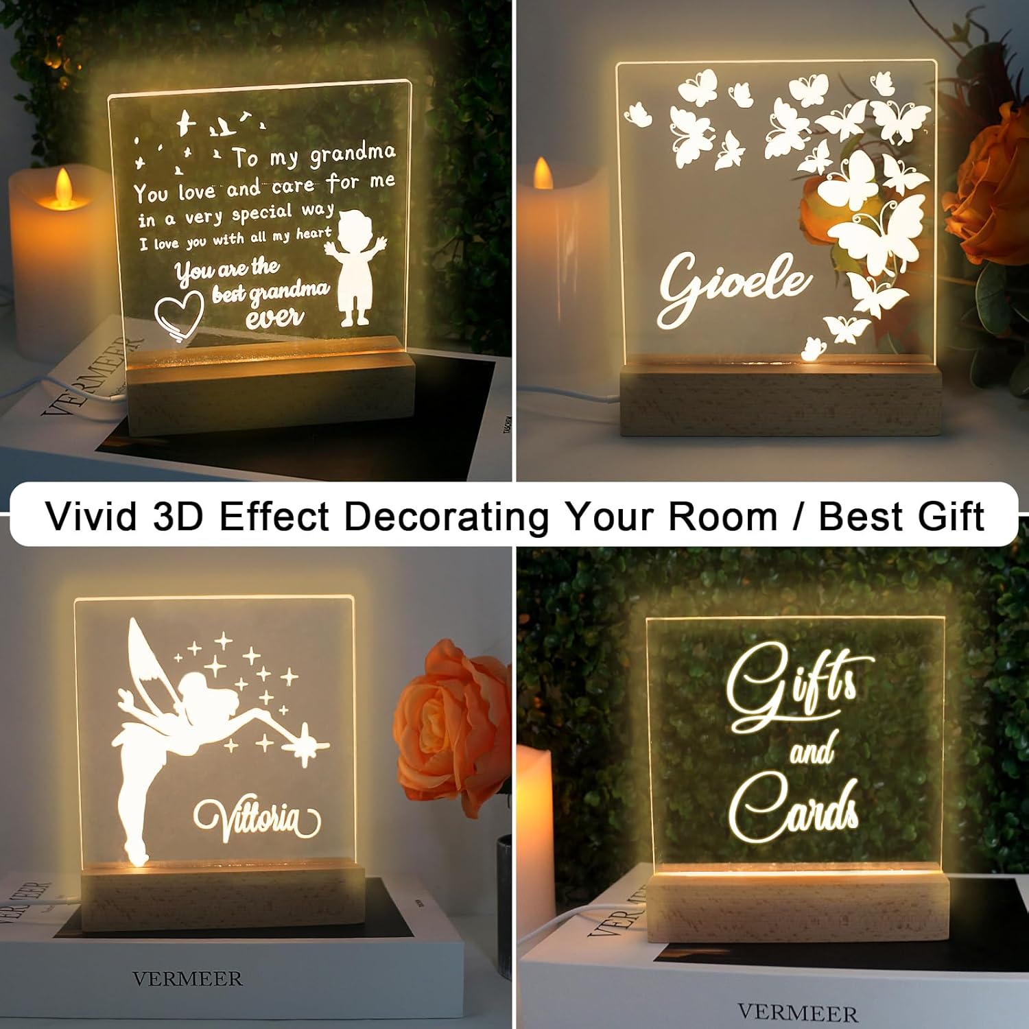 4-Pack 6 Inch Wooden Light Base with Acrylic Display Boards