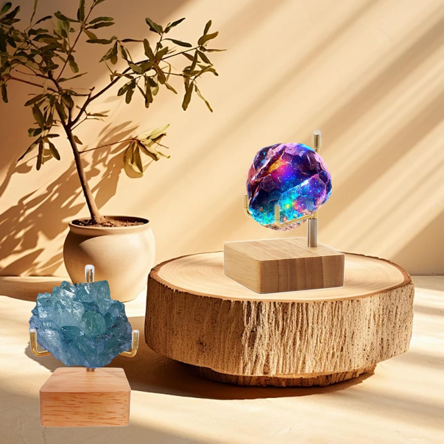 4 Pcs Adjustable Rock Display Stand with Wooden Base