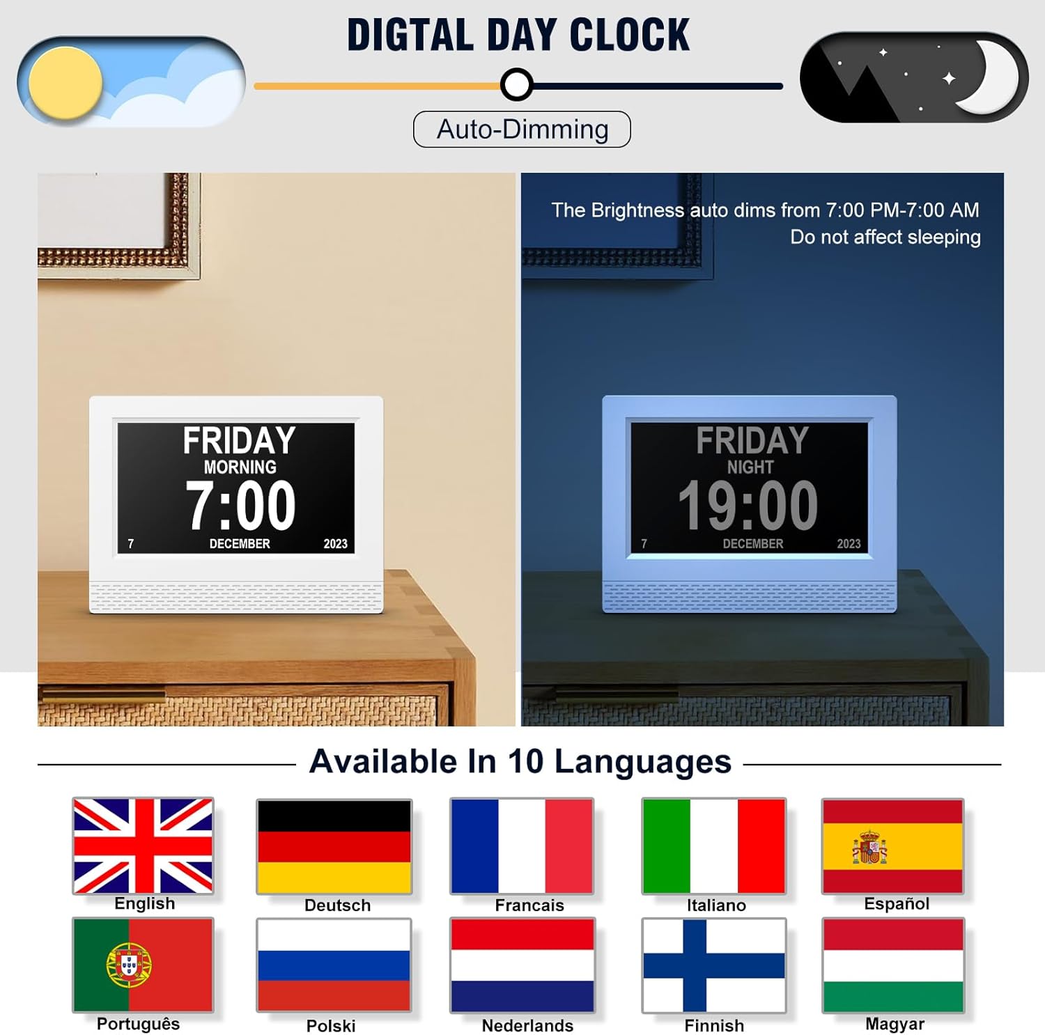 Digital Calendar Alarm Clock with 7 HD Screen