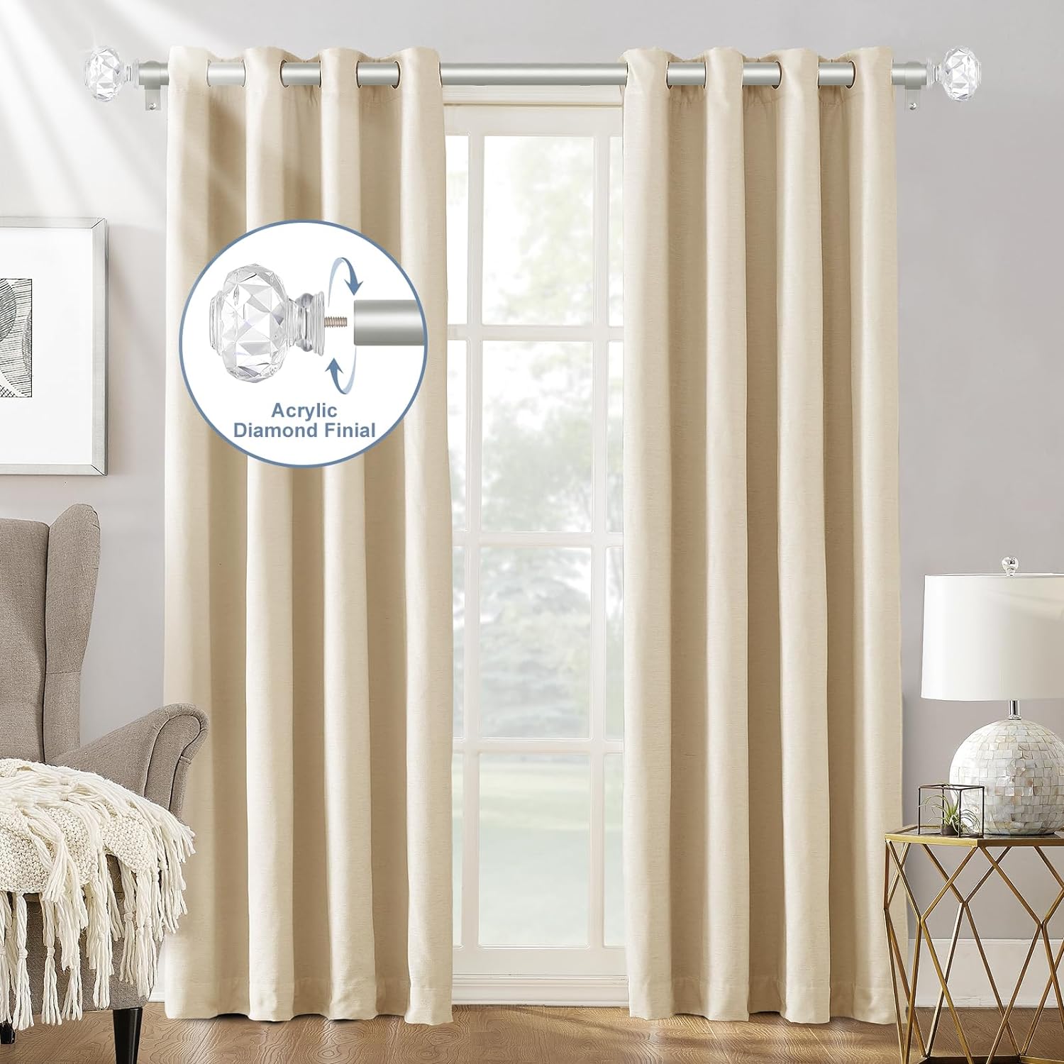 TVWOO Silver Crystal Curtain Rods 66-120 Inch Adjustable