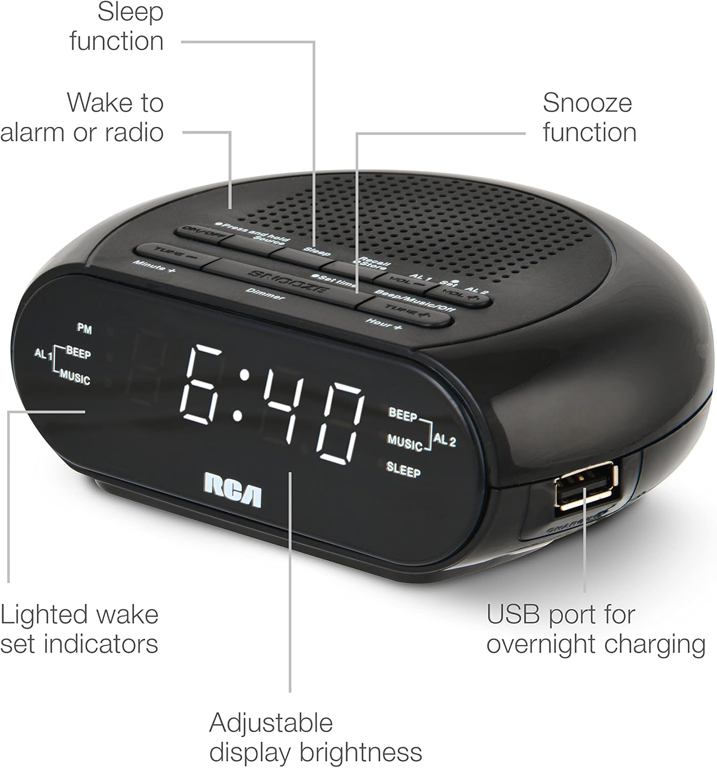 RCA RCS27 Digital Radio Alarm Clock with Soothing Sounds and USB Charging