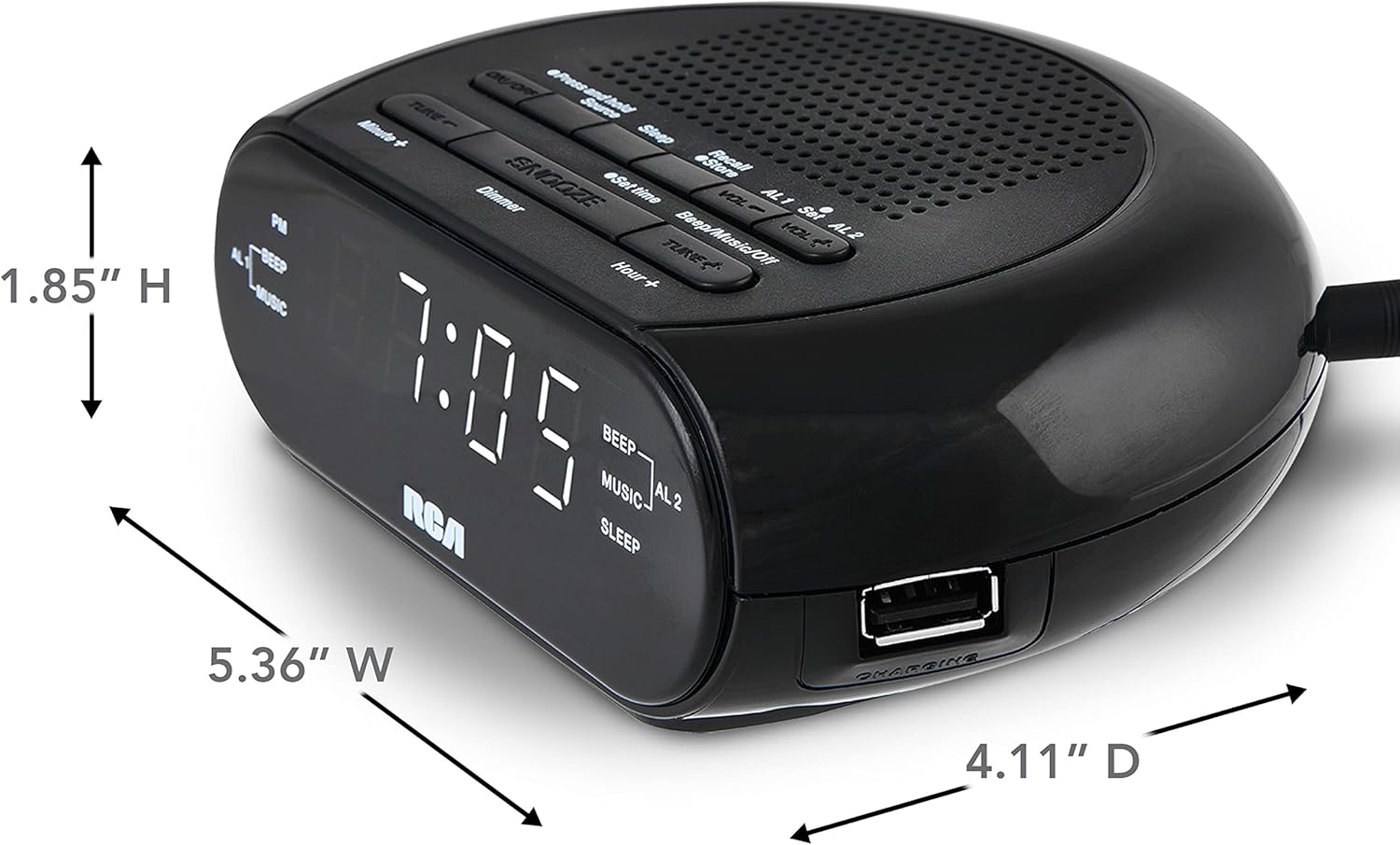 RCA RCS27 Digital Radio Alarm Clock with Soothing Sounds and USB Charging