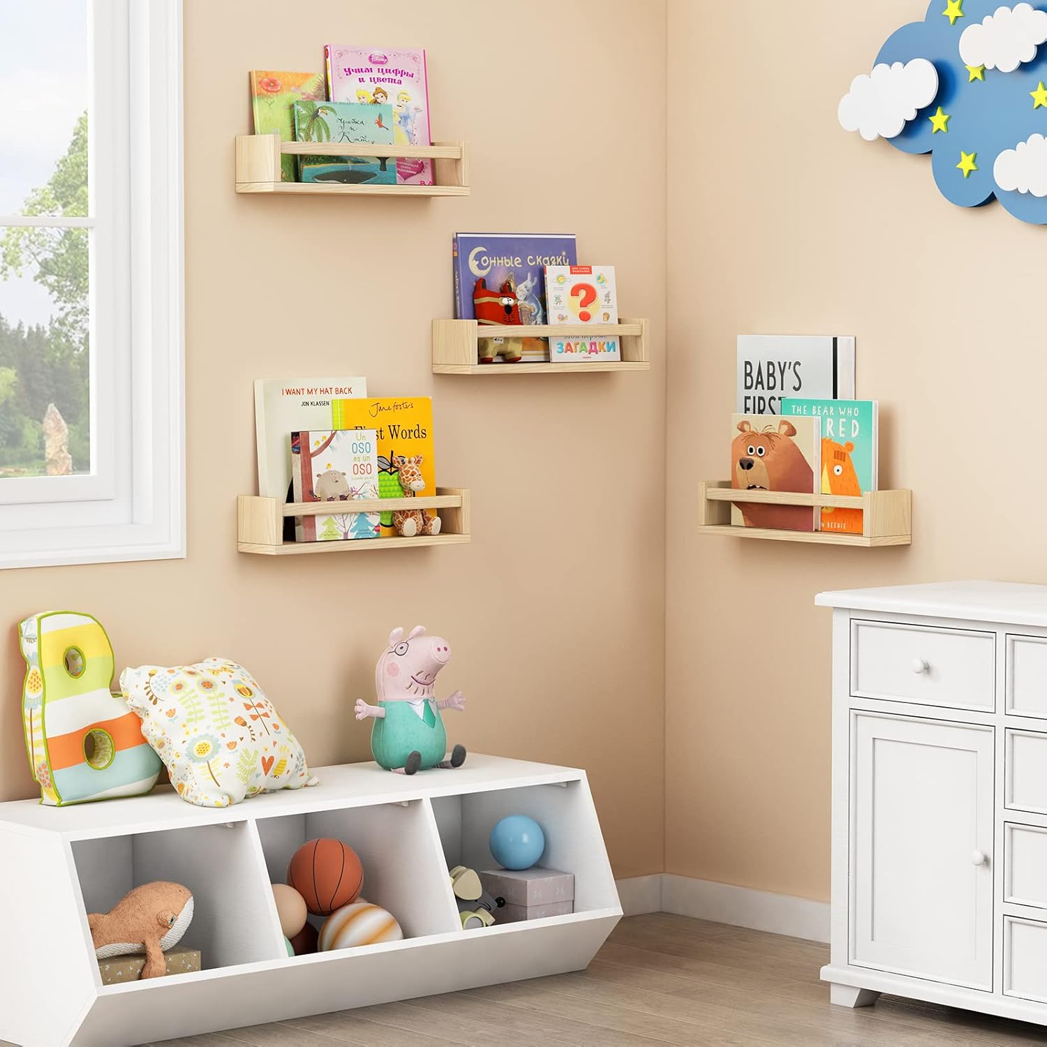 Forbena Natural Wood Floating Bookshelf 4 Pack