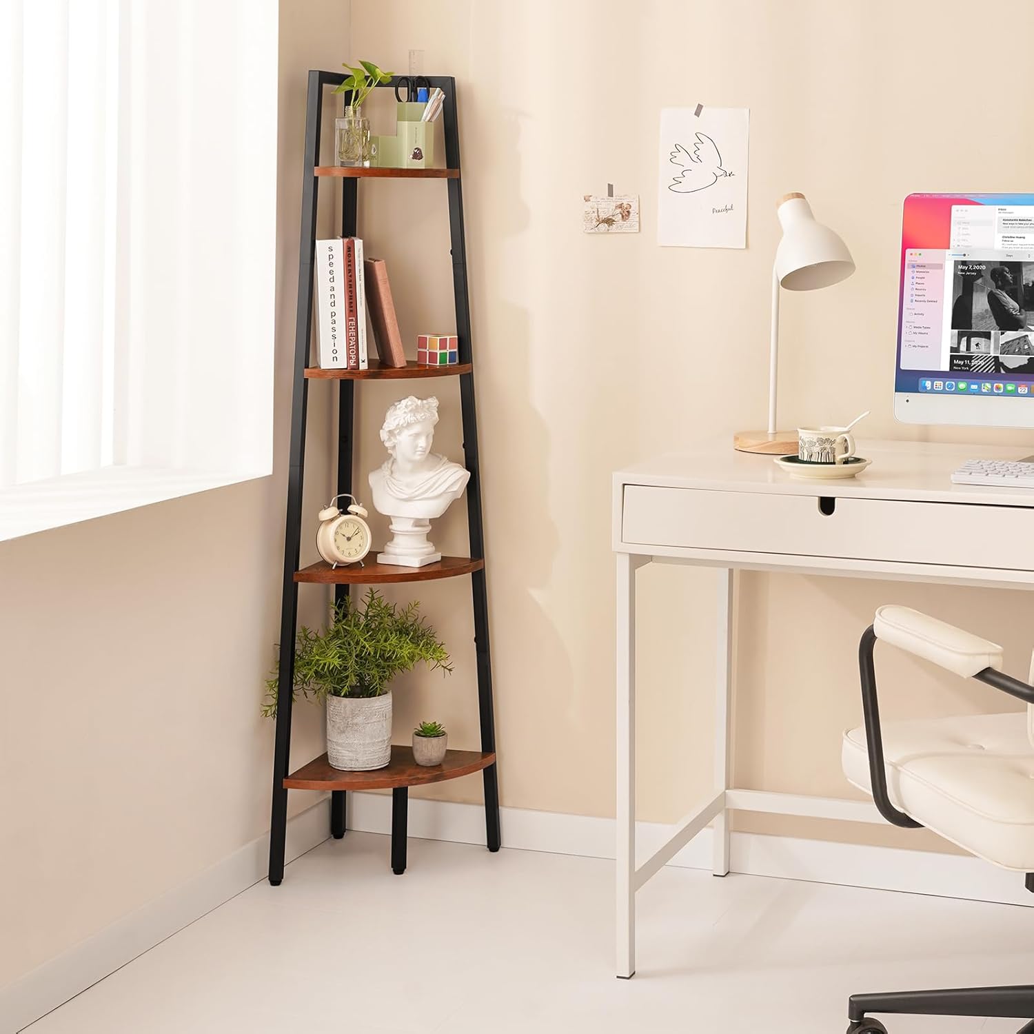 Yoobure 4-Tier Corner Bookshelf with Metal Frame