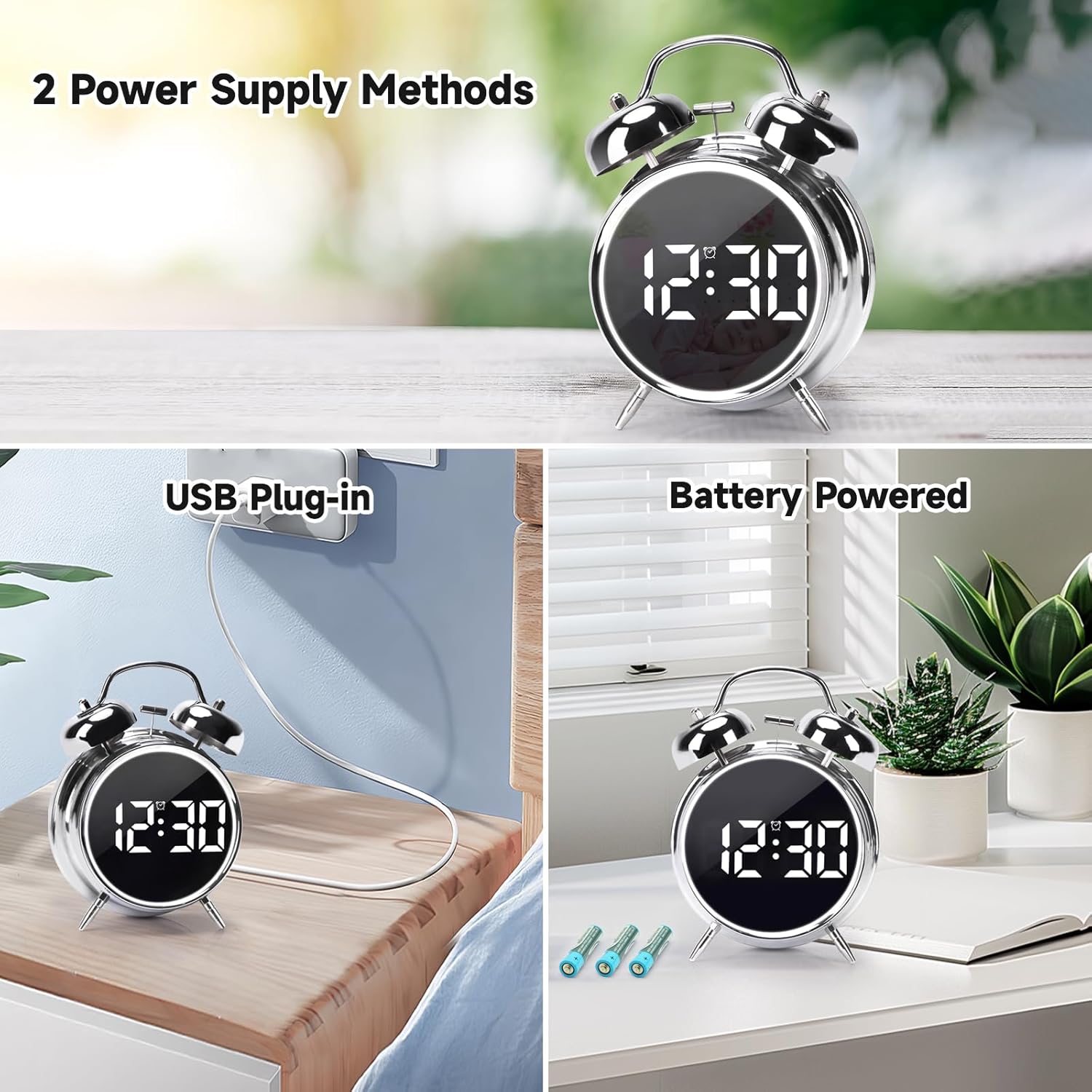 JUSTUP Digital Alarm Clock with Double Bell and Night Light
