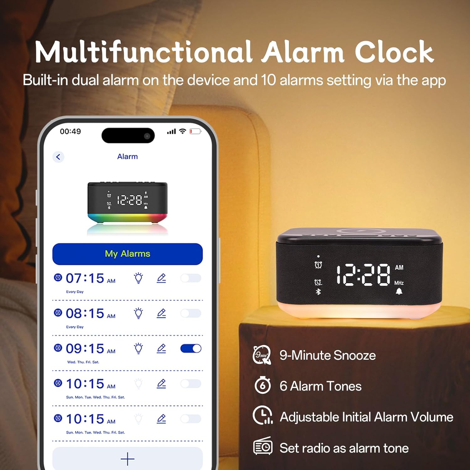 Fansbe Smart Bluetooth Alarm Clock with Night Light and FM Radio
