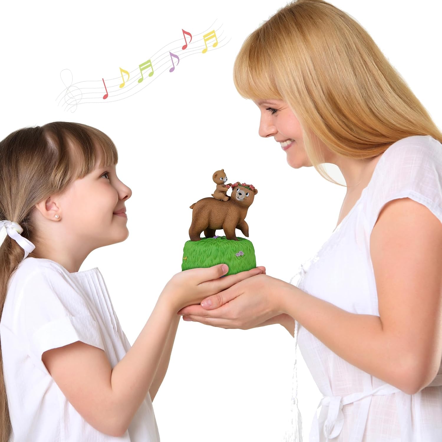 Bowu Music Box Forest Bear Green - Handcrafted Mom and Daughter Bear Figurine