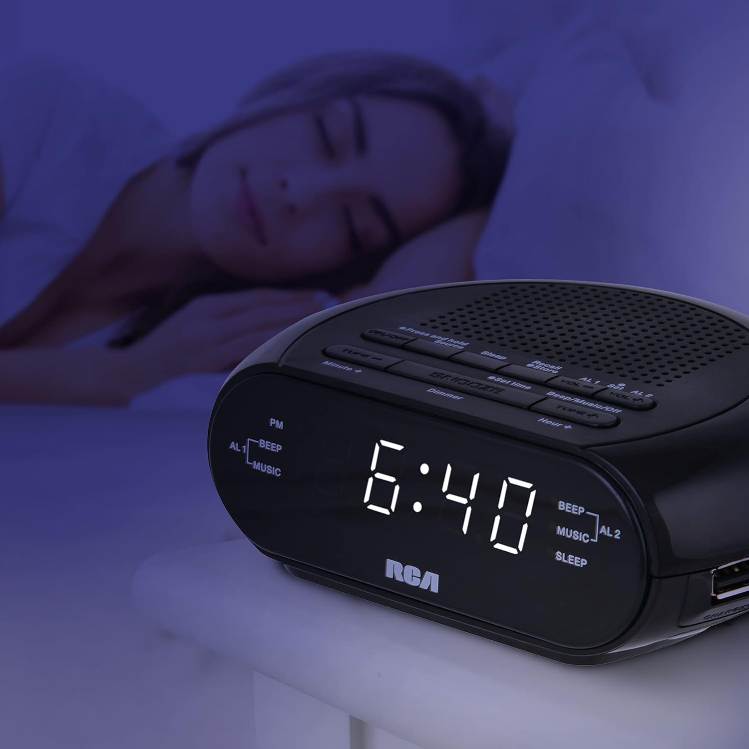 RCA RCS27 Digital Radio Alarm Clock with Soothing Sounds and USB Charging