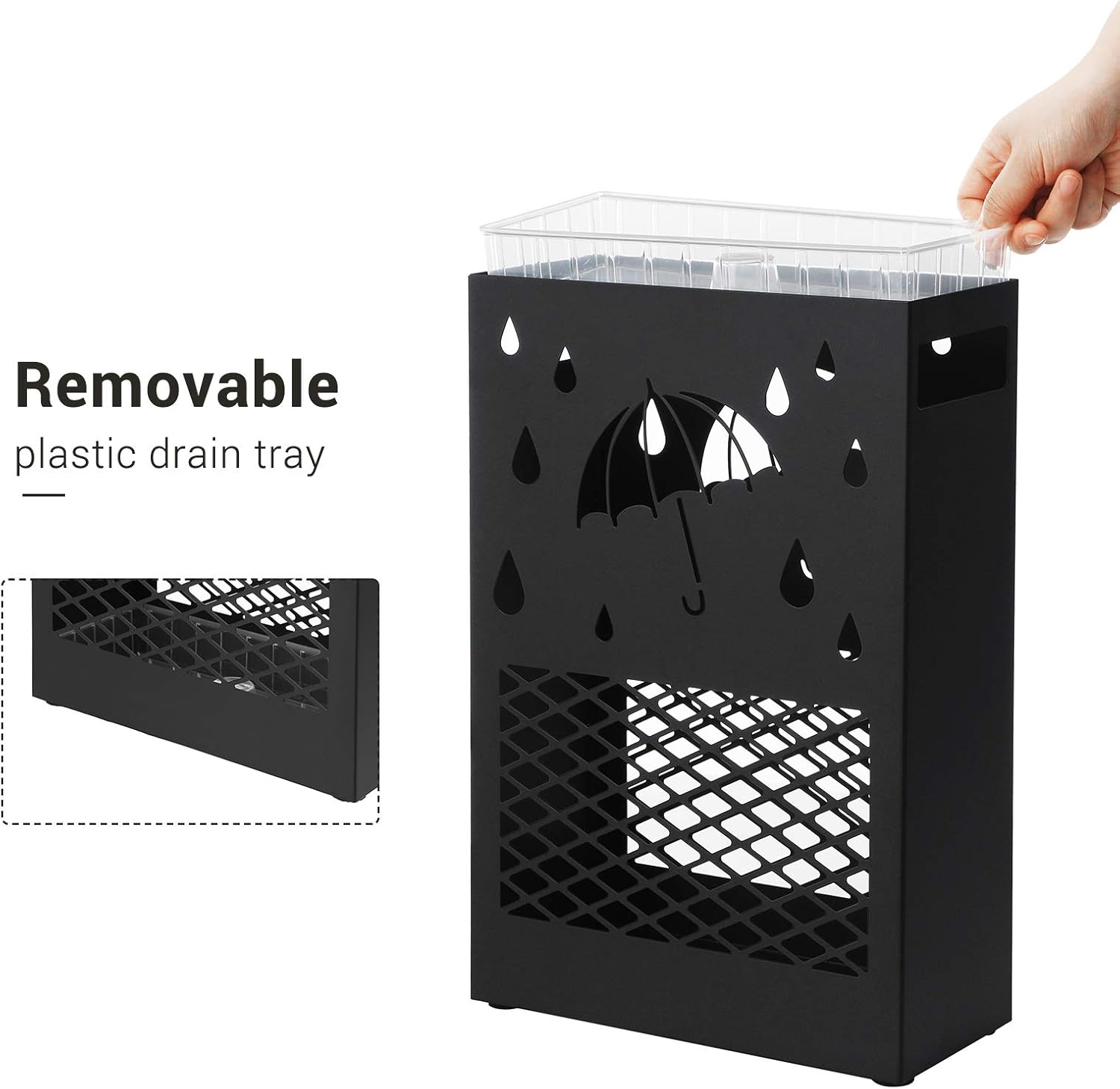 SONGMICS Metal Umbrella Stand with Drip Tray and 4 Hooks
