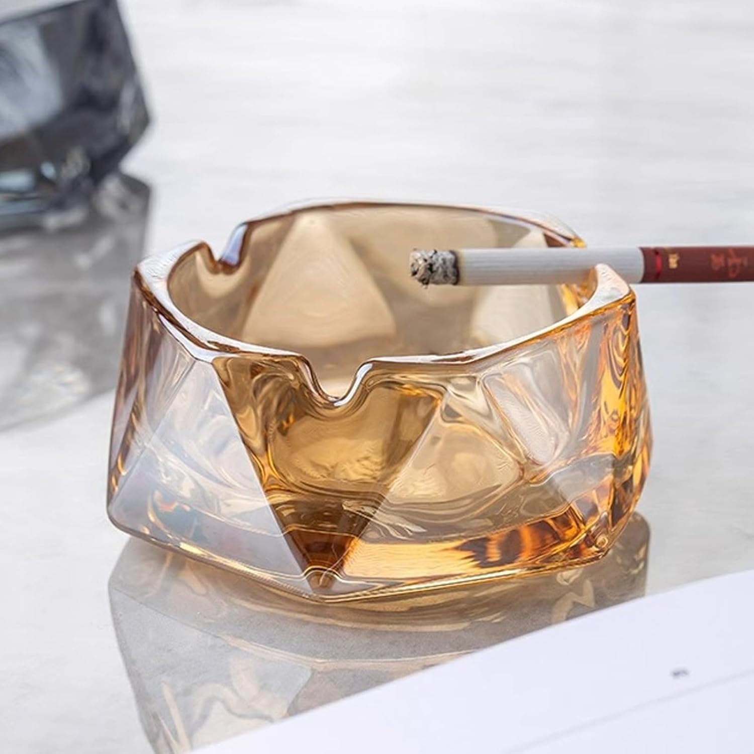 Crystal Amber Glass Ashtray with Hexagonal Shape