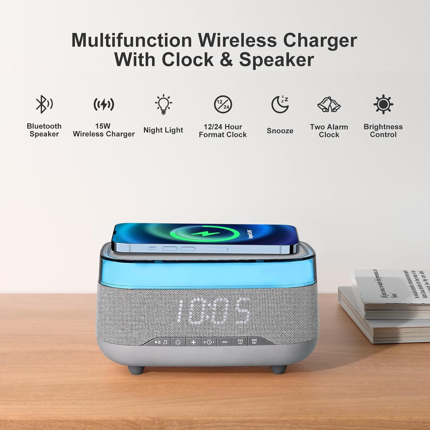 Smart Alarm Clock with 15W Wireless Charger and Bluetooth Speaker