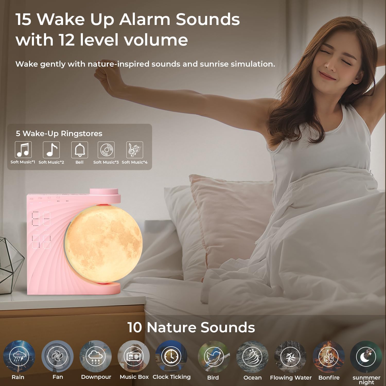 Sunrise Alarm Clock with Moon Lamp and 10 Fairy Sounds