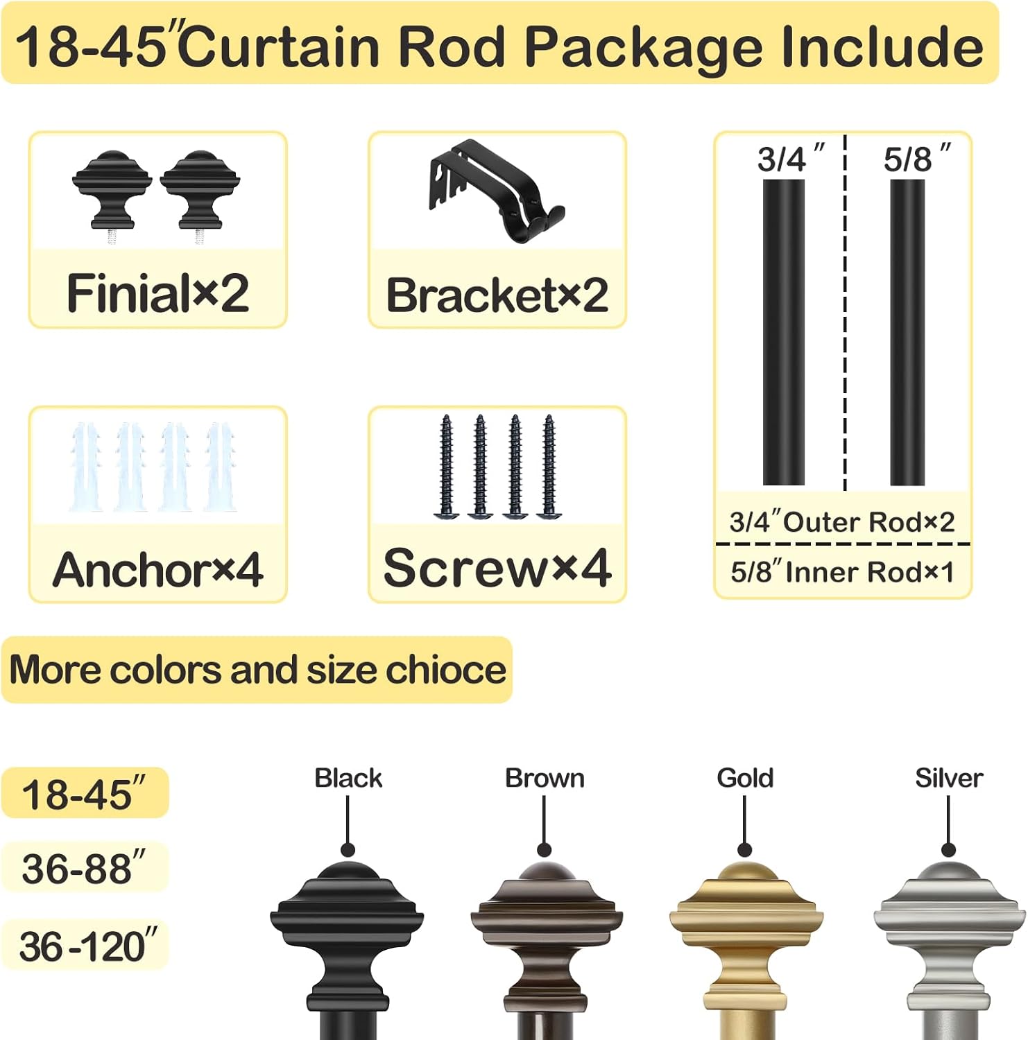 JRZOO Black Curtain Rods 18-45 34 Inch Diameter