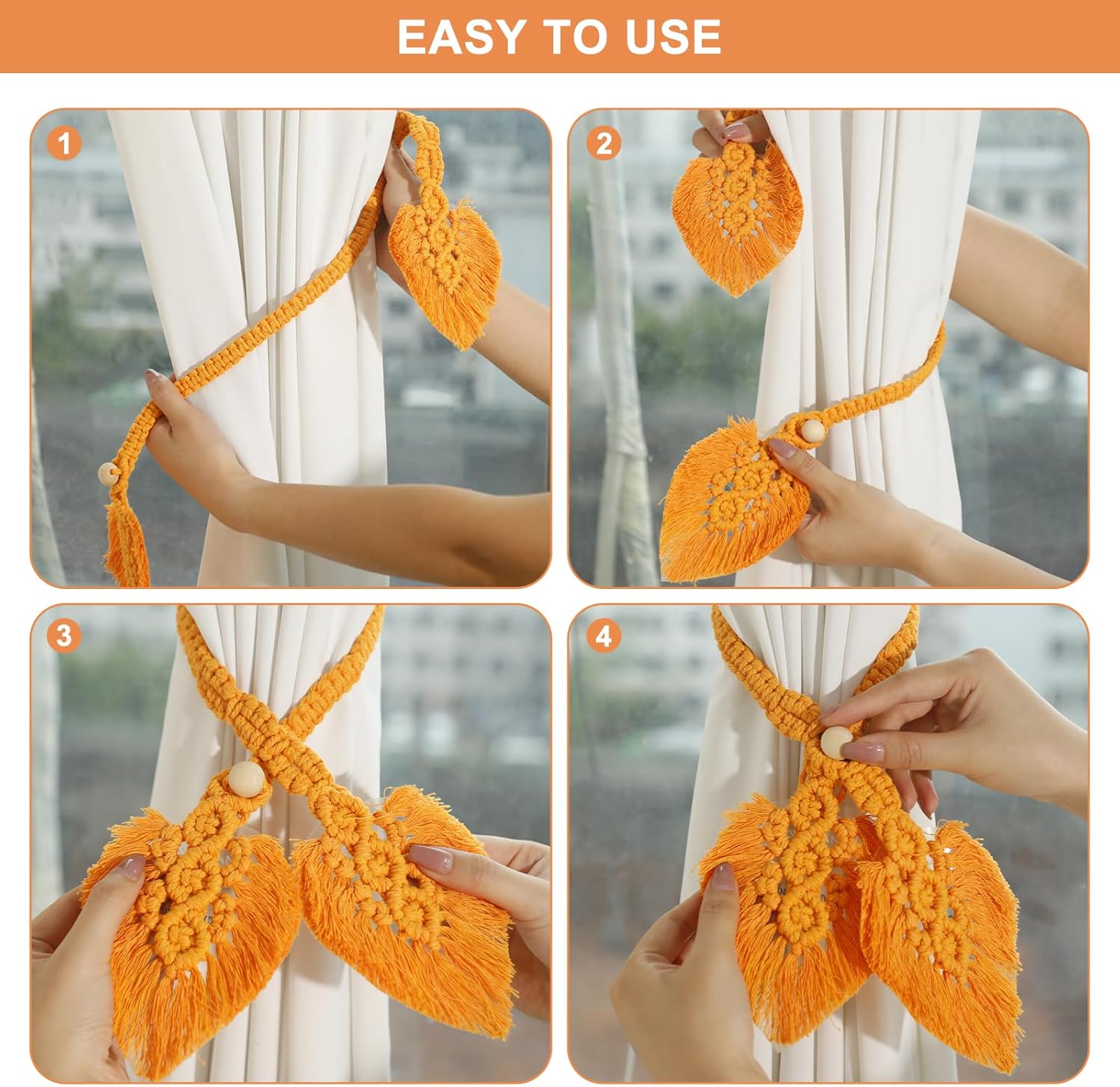 2 Pack Boho Curtain Tiebacks with Macrame Design