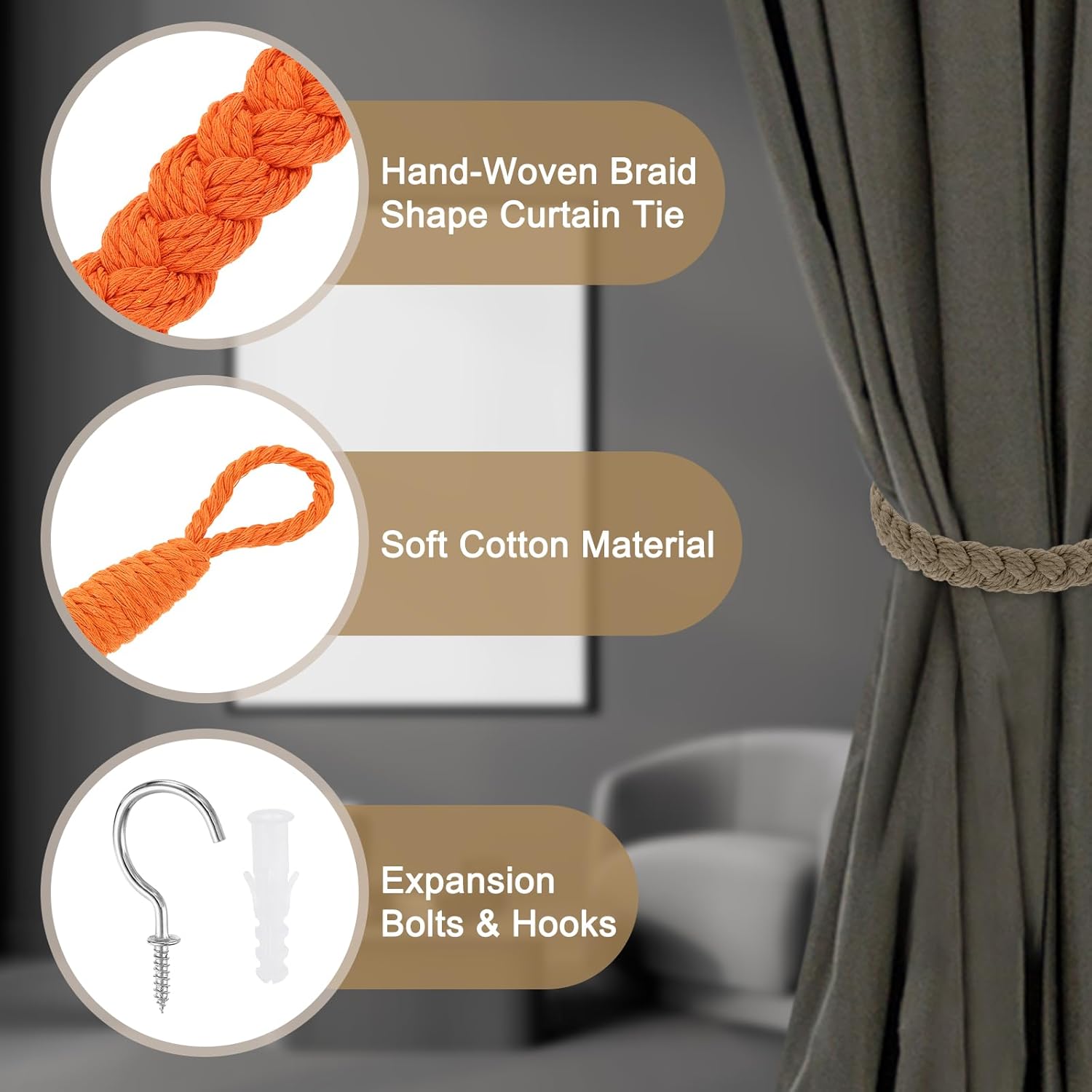 Uxcell 4Pcs Cotton Rope Curtain Tiebacks with Metal Hooks Orange