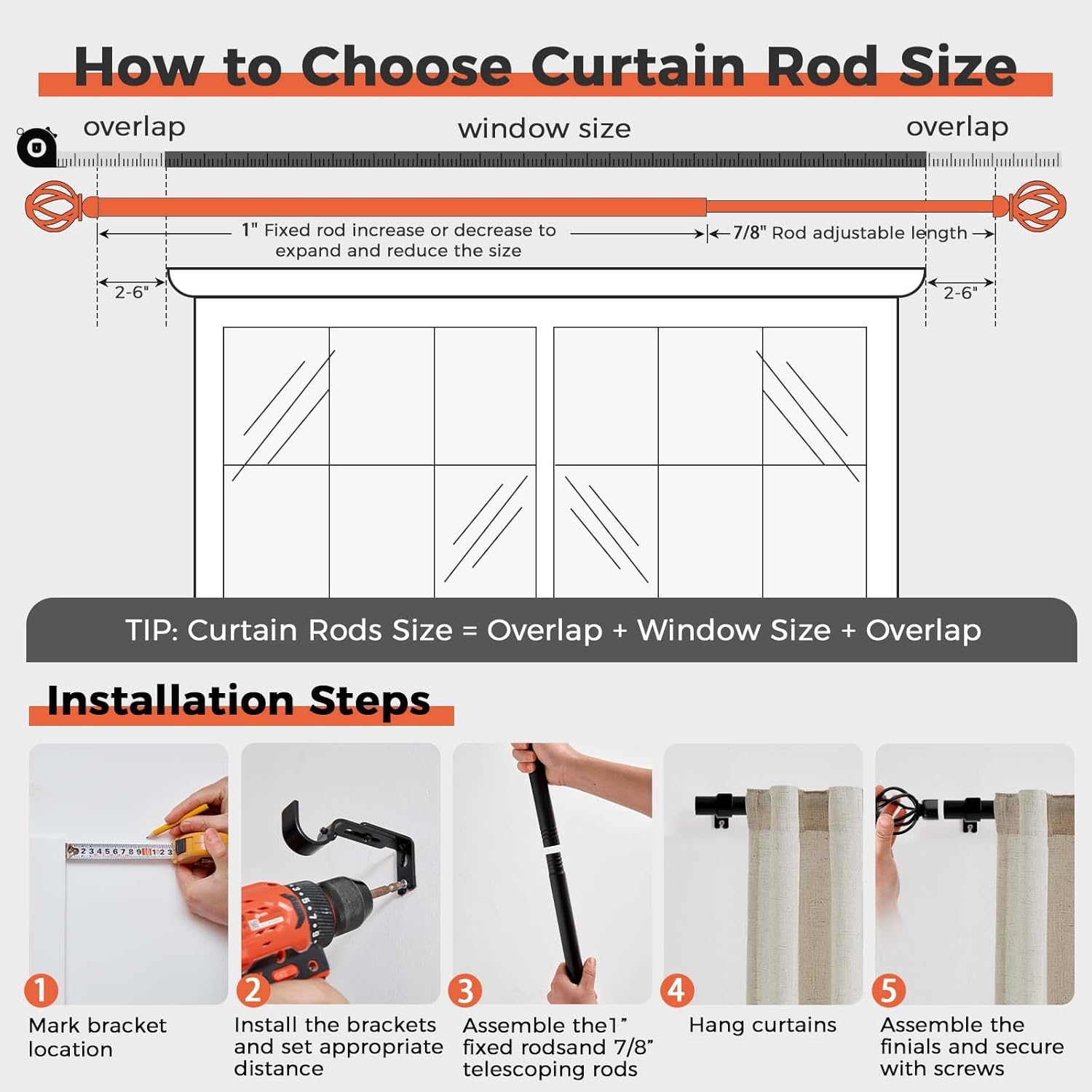 Jinchan Black Curtain Rod for Windows 66-120 Inch Single