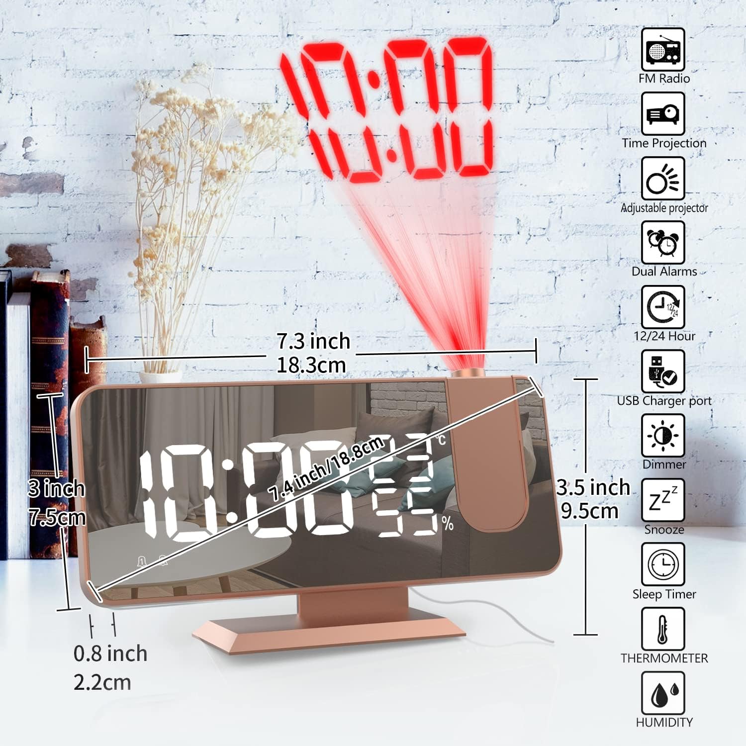 Hanaix 180 Degree Projection Alarm Clock with Mirror and USB Charging