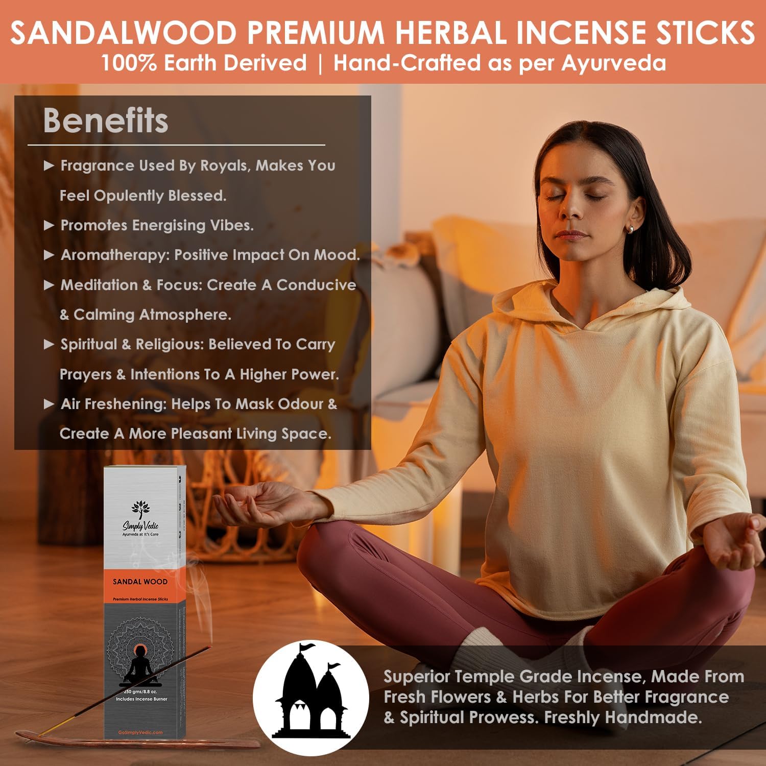 Sandalwood Incense Sticks 250g - 135 Handmade with Free Holder
