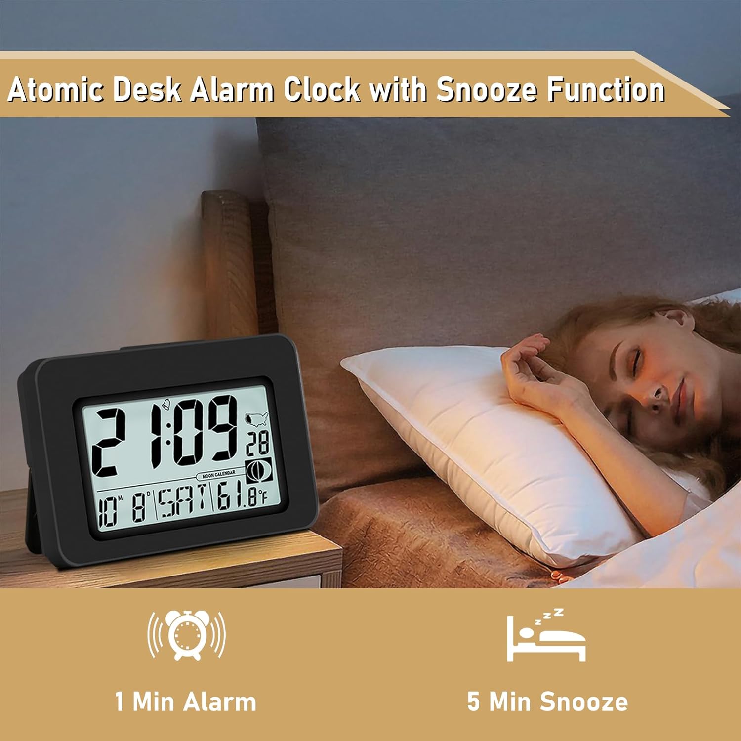 Qinyune Atomic Alarm Clock with 5s Touch Backlight