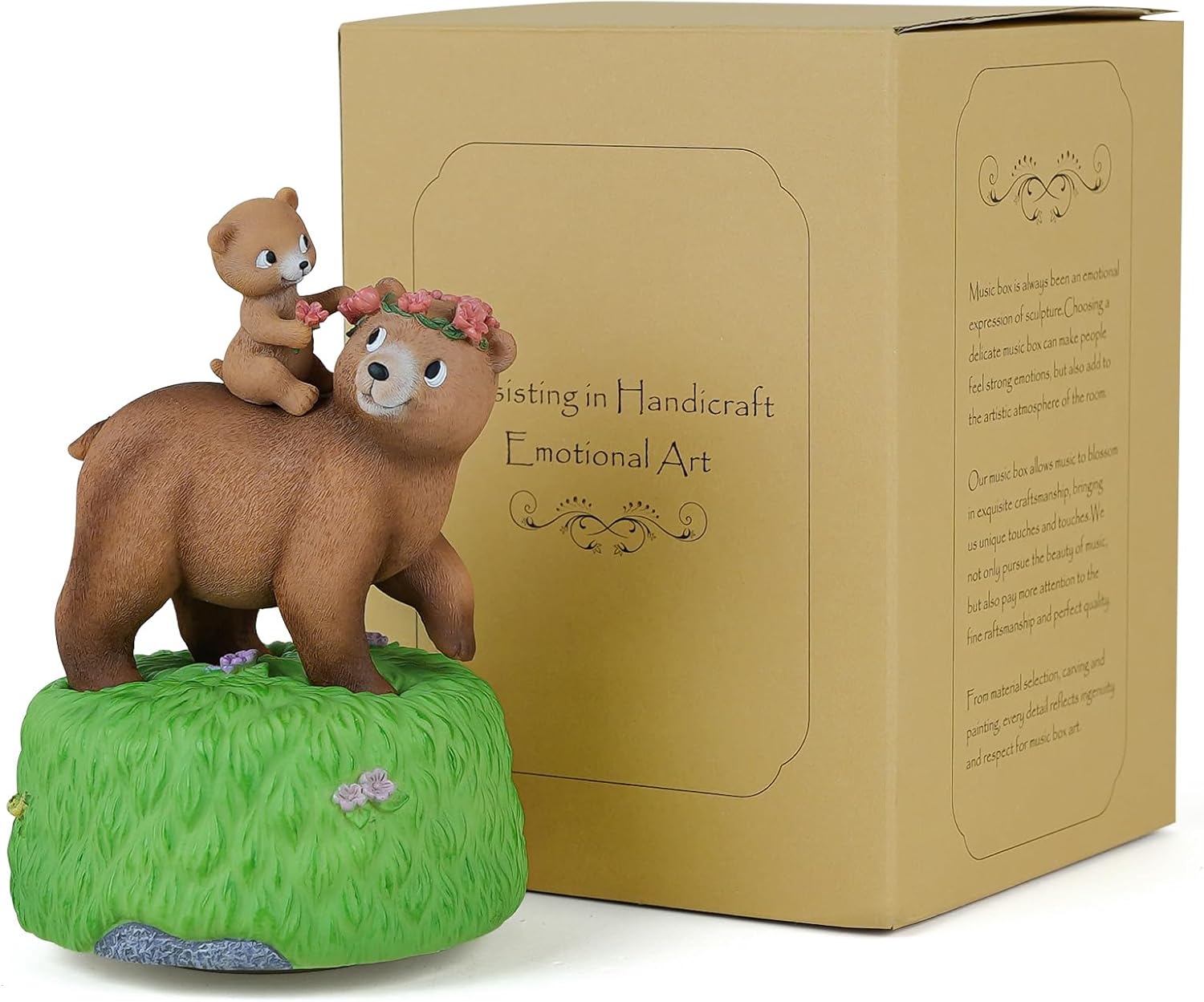 Bowu Music Box Forest Bear Green - Handcrafted Mom and Daughter Bear Figurine