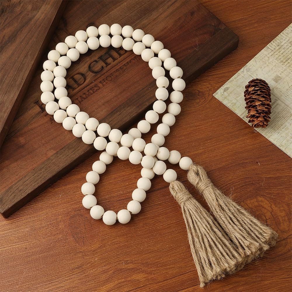 58 Inch Wooden Bead Garland with Tassel Boho Farmhouse Decor