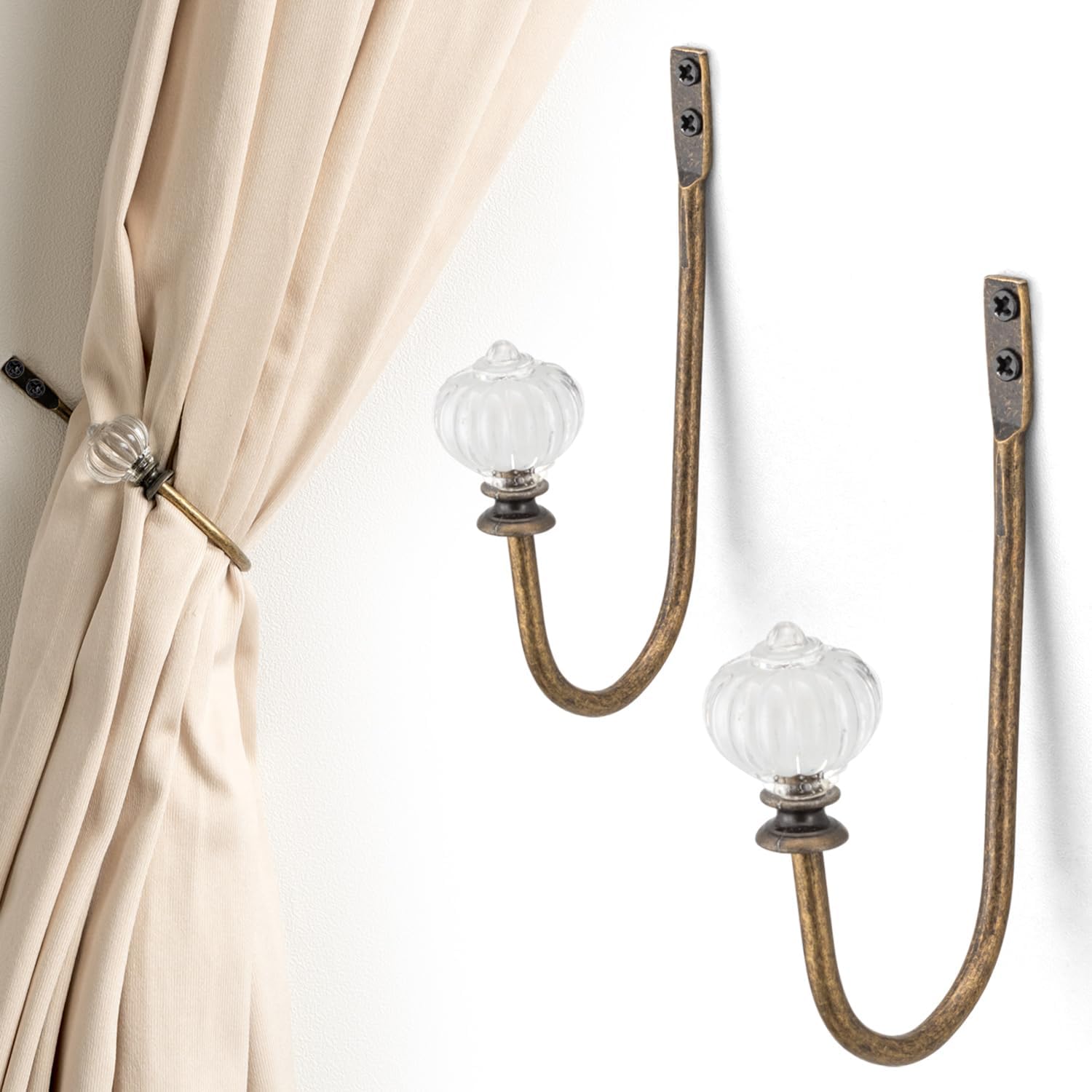 Crystal Curtain Holdbacks - 2 Pack Antique Brass Metal Hooks