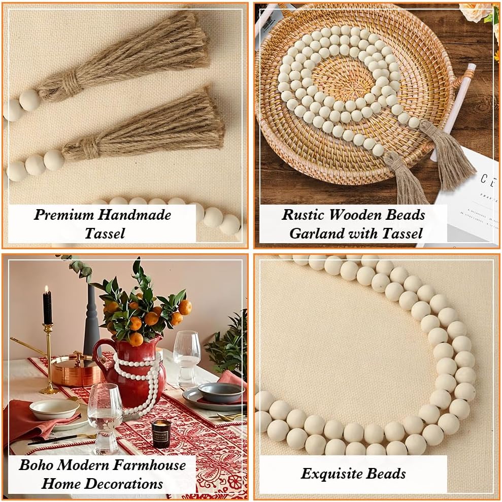 58 Inch Wooden Bead Garland with Tassel Boho Farmhouse Decor
