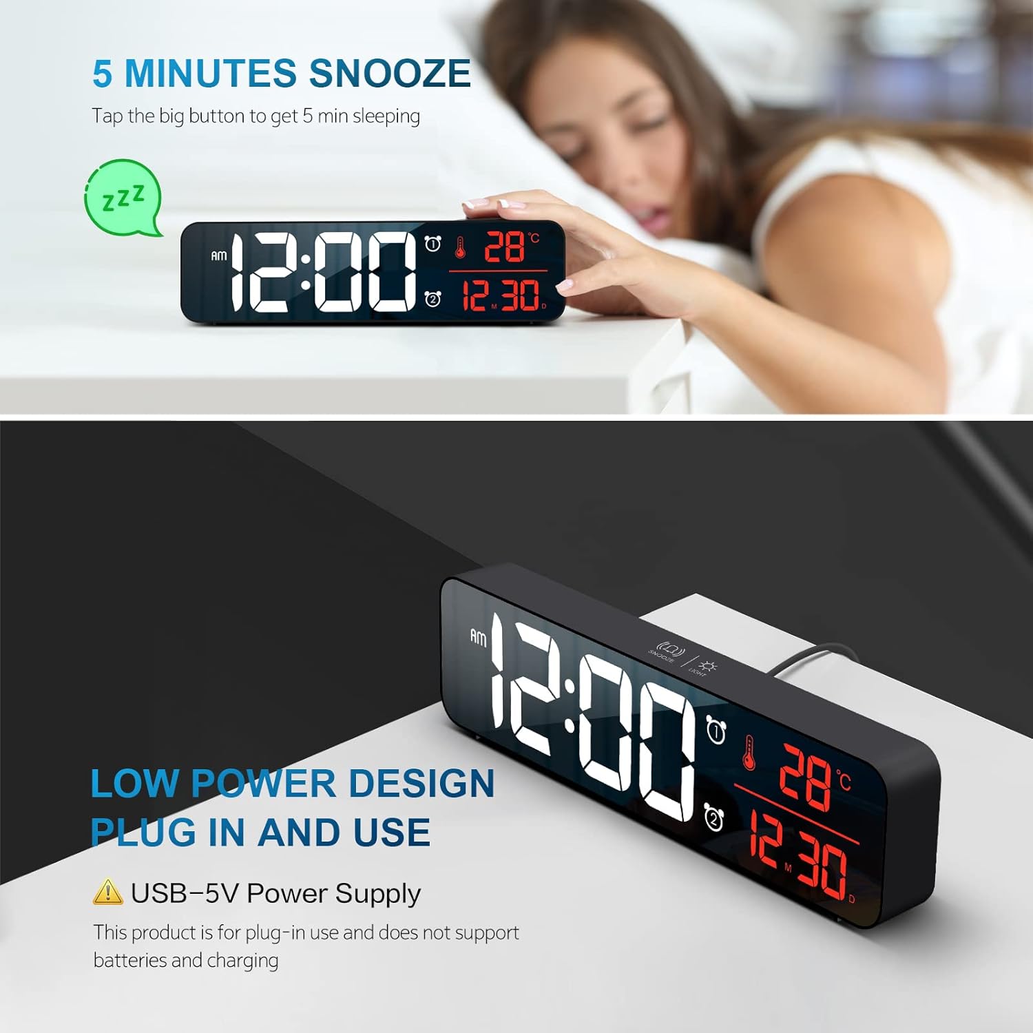 Large Digital Wall Clock with Alarm and Temperature Display