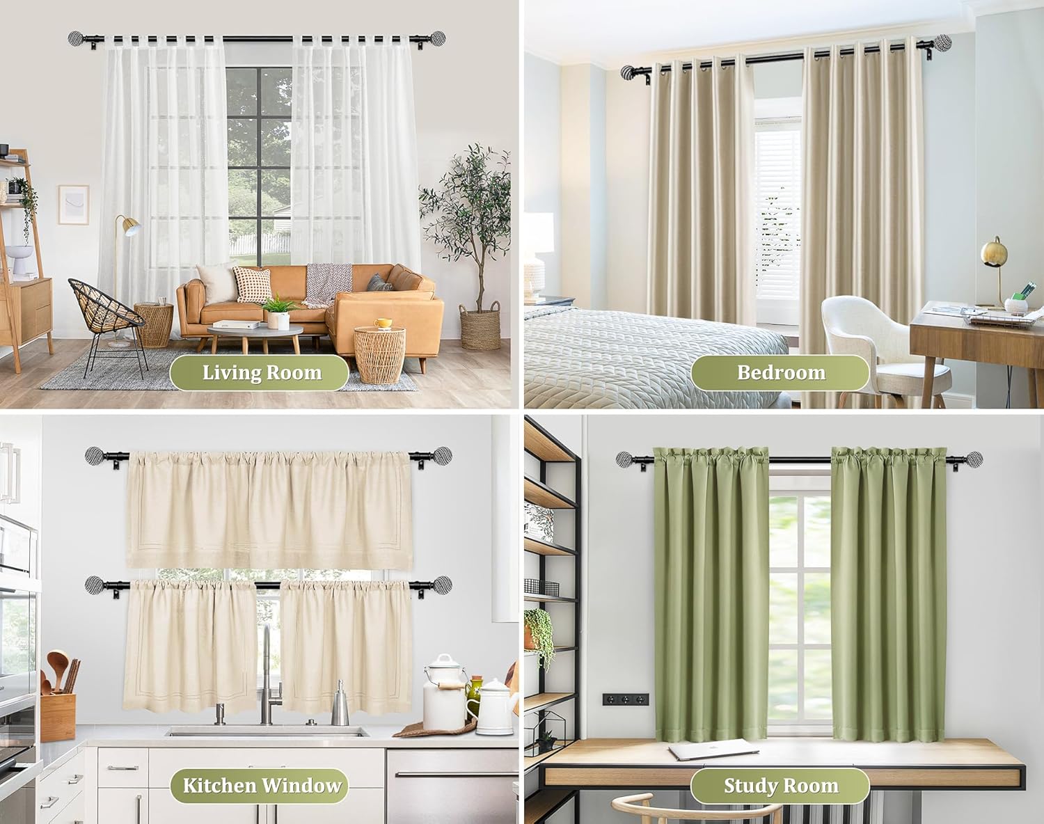 Boho Wood Curtain Rods 32-120 Inches Black
