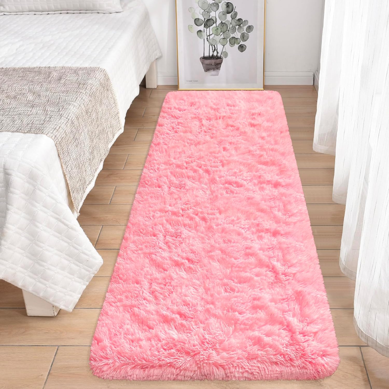 Pink Fluffy Shaggy Runner Rug for Bedroom and Hallway
