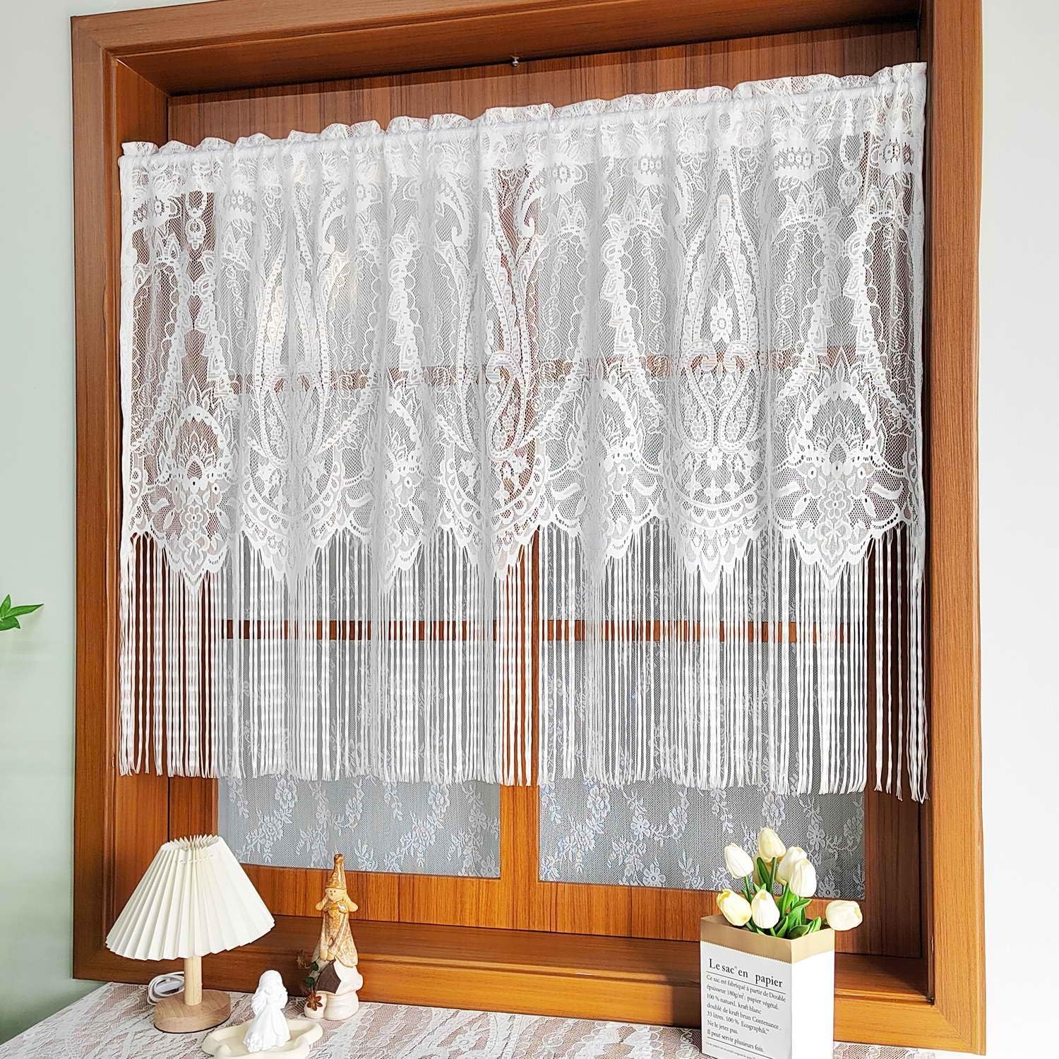 1 Panel French Floral Lace Sheer Curtains with Tassels