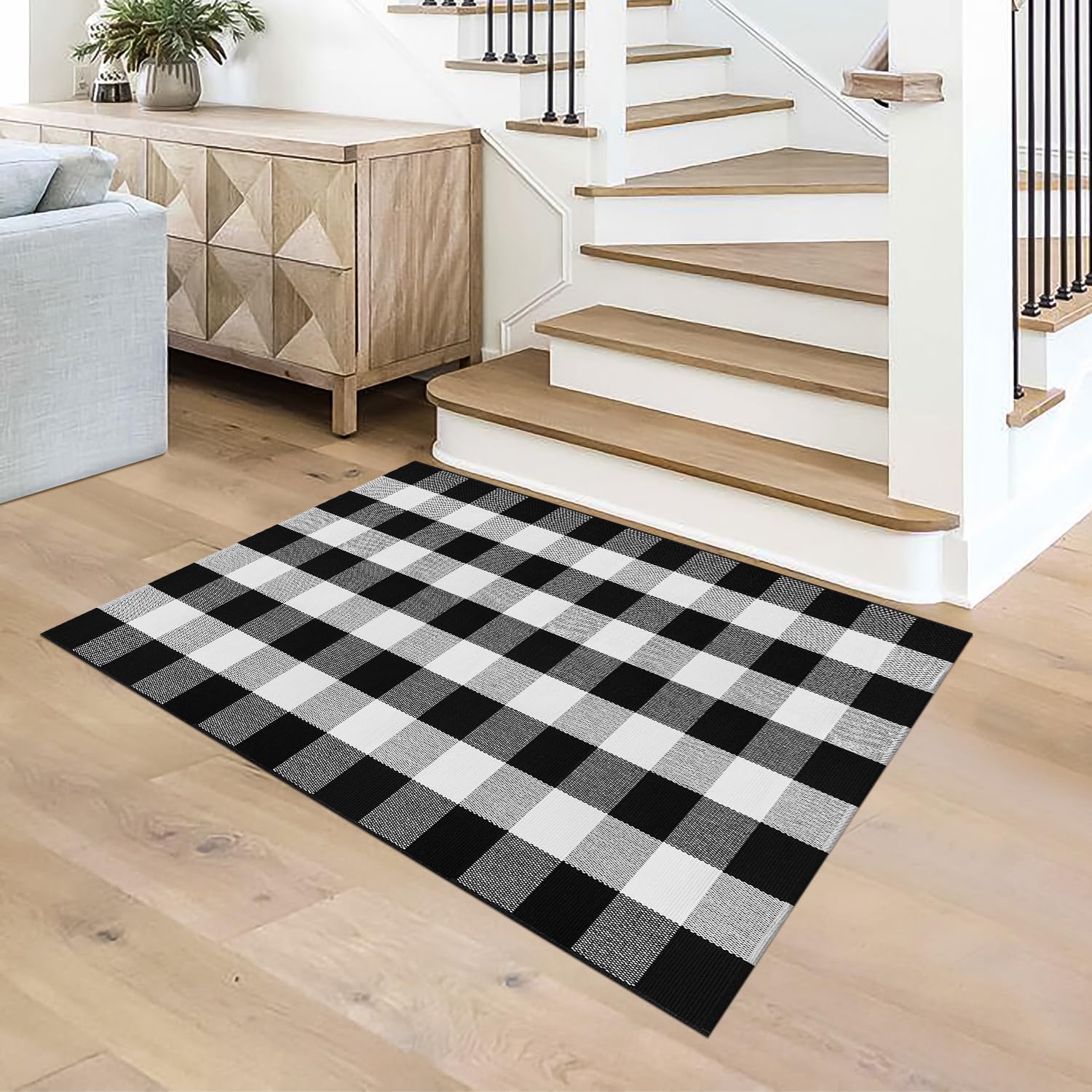 Buffalo Plaid Area Rug 3x5 Black and White Checkered Entryway Mat
