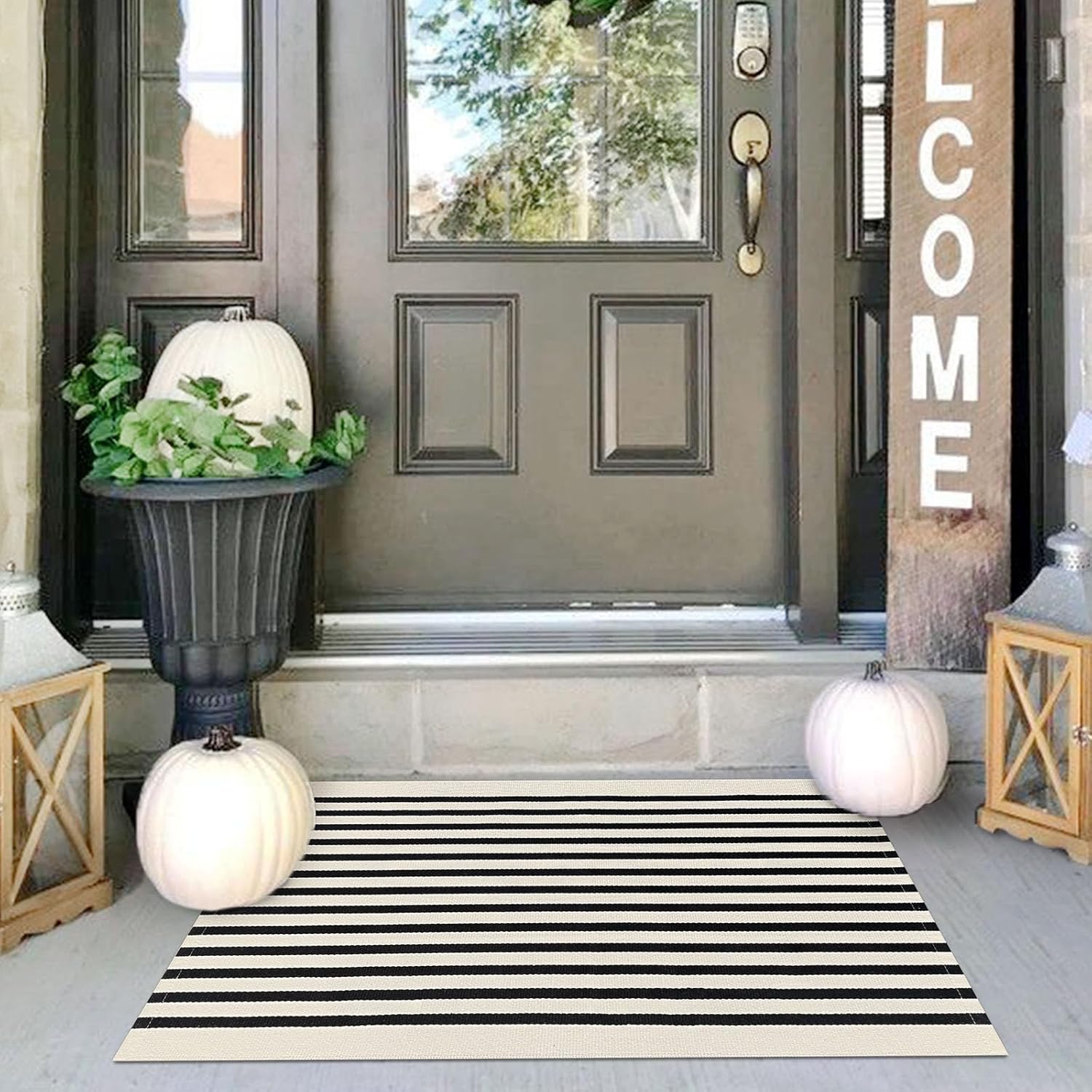 IOHOUZE Black Beige Striped Rug 2x3 Front Door Mat