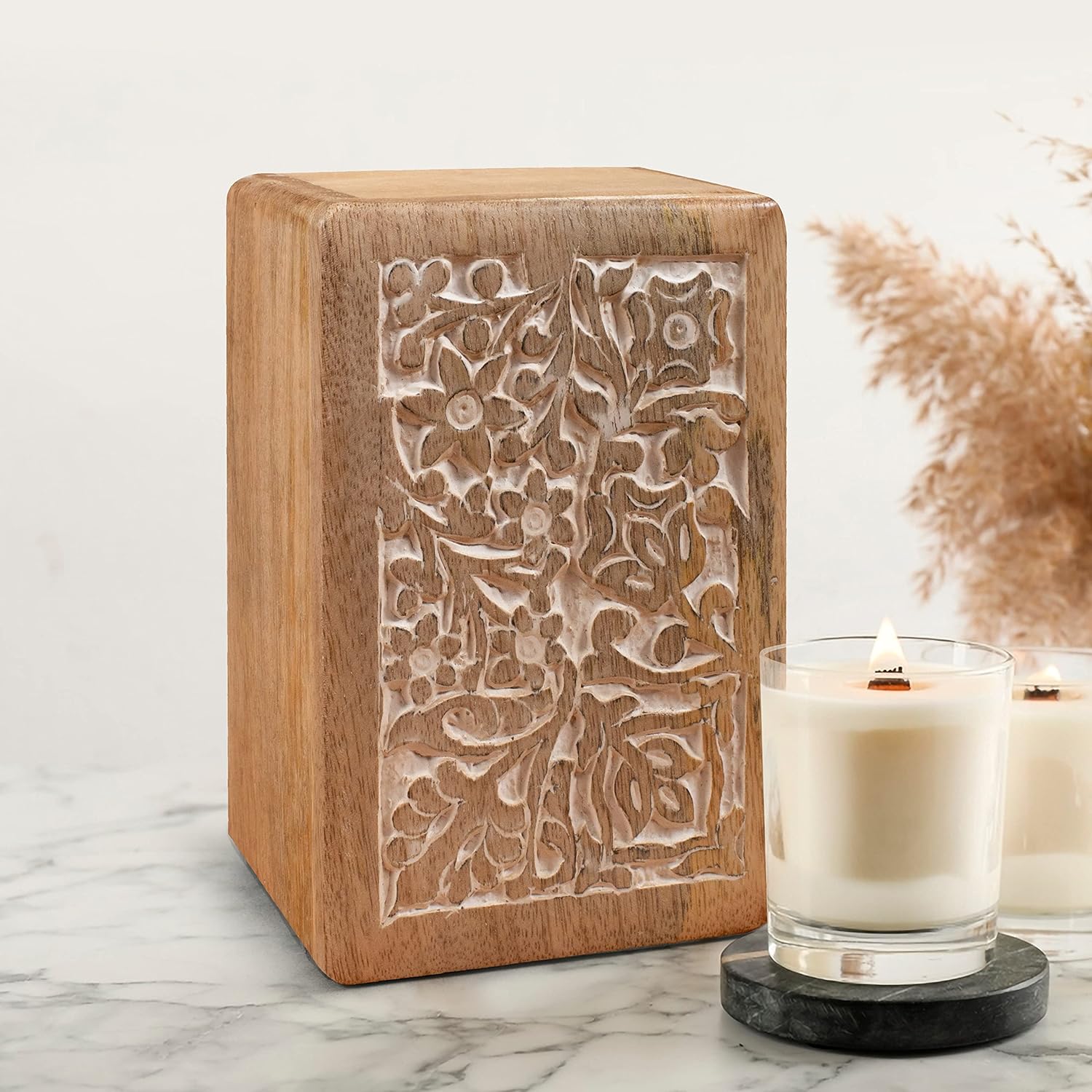 The Wooden Town Hand-Carved Cremation Urn Box - White Wash