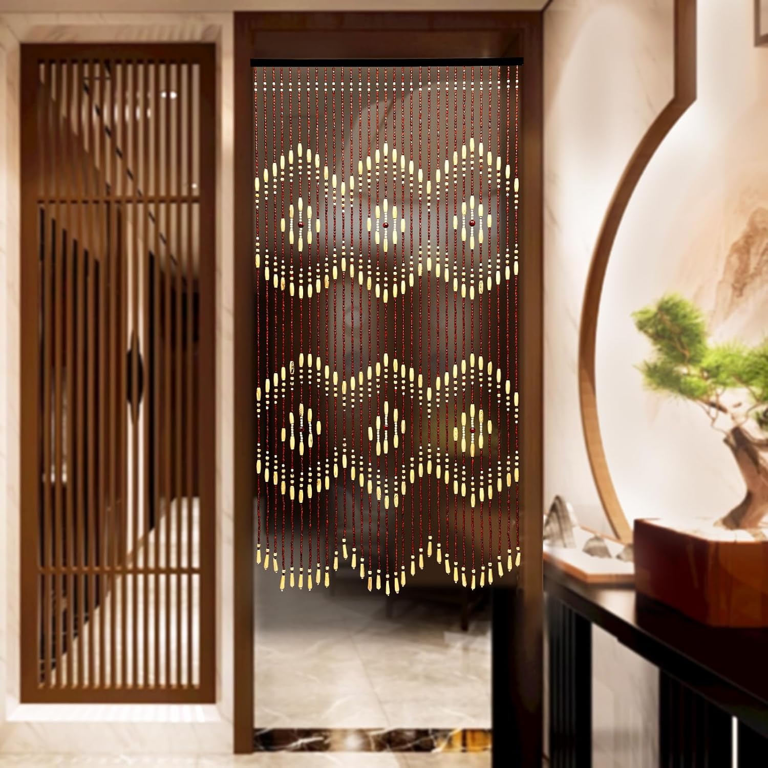 Natural Bamboo Door Bead Curtain 31 Strands Fringe