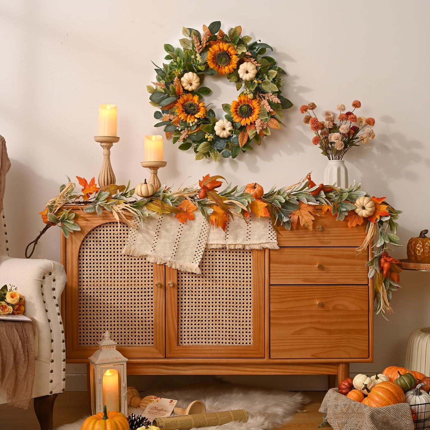 Waipfaru Fall Wreath for Front Door with Sunflower and Pumpkin