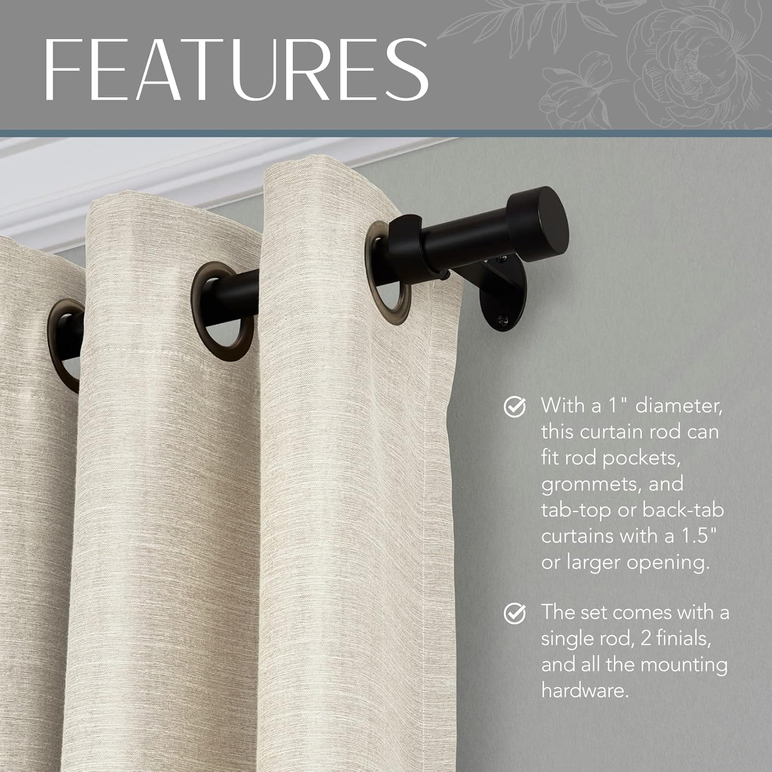 Elrene Serena Single Curtain Rod with Cap Finials and Adjustable Length - Antique Black
