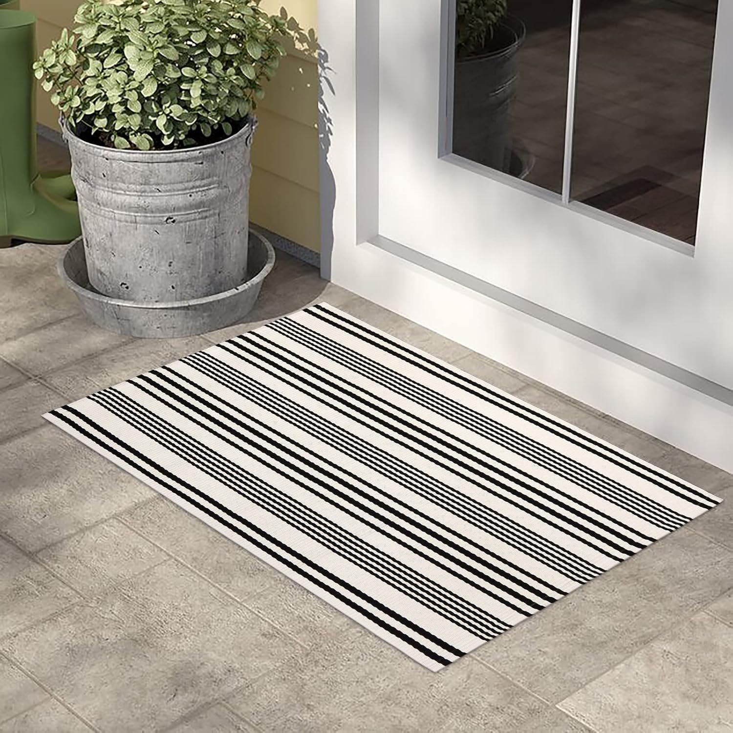 Black and White Striped Outdoor Rug 2x3 Cotton Reversible
