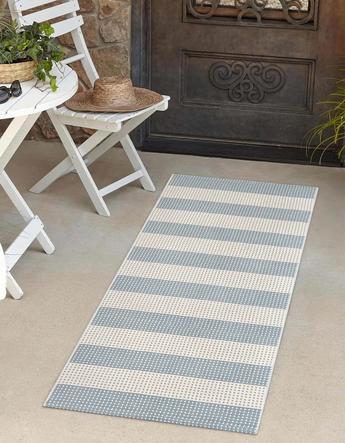LEEVAN Blue White Striped Porch Rug 24x51