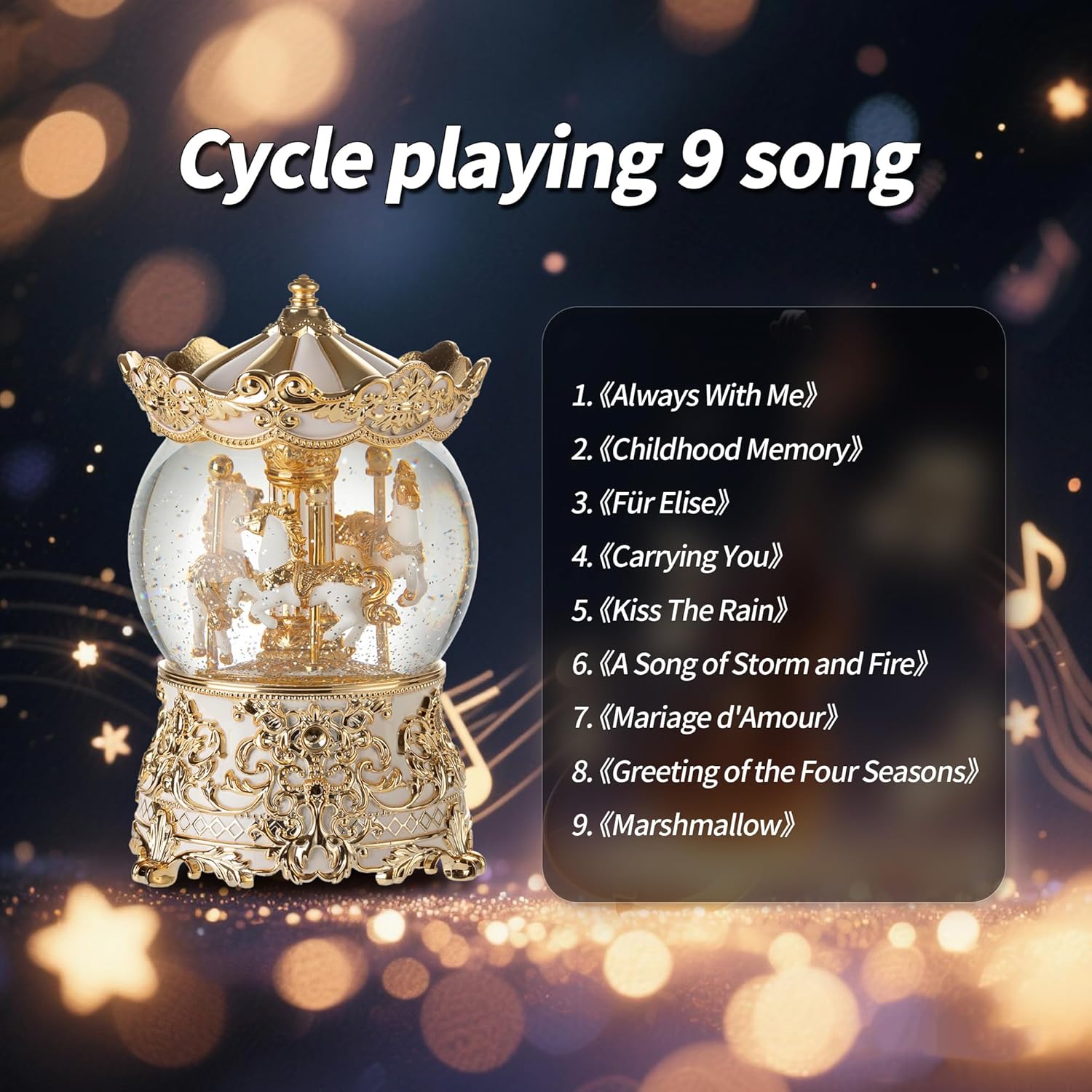 Gold Carousel Music Box Princess Unicorn Snow Globe Gift