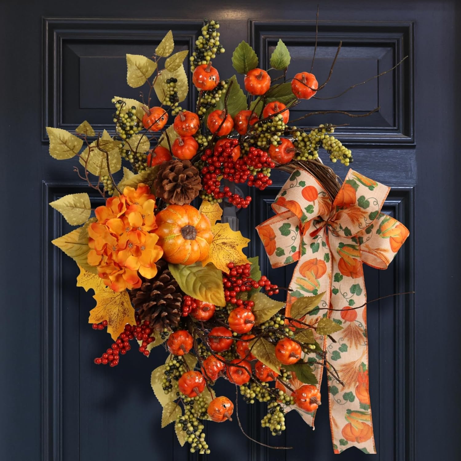 22 Inch Fall Artificial Wreath with Pumpkins and Berries