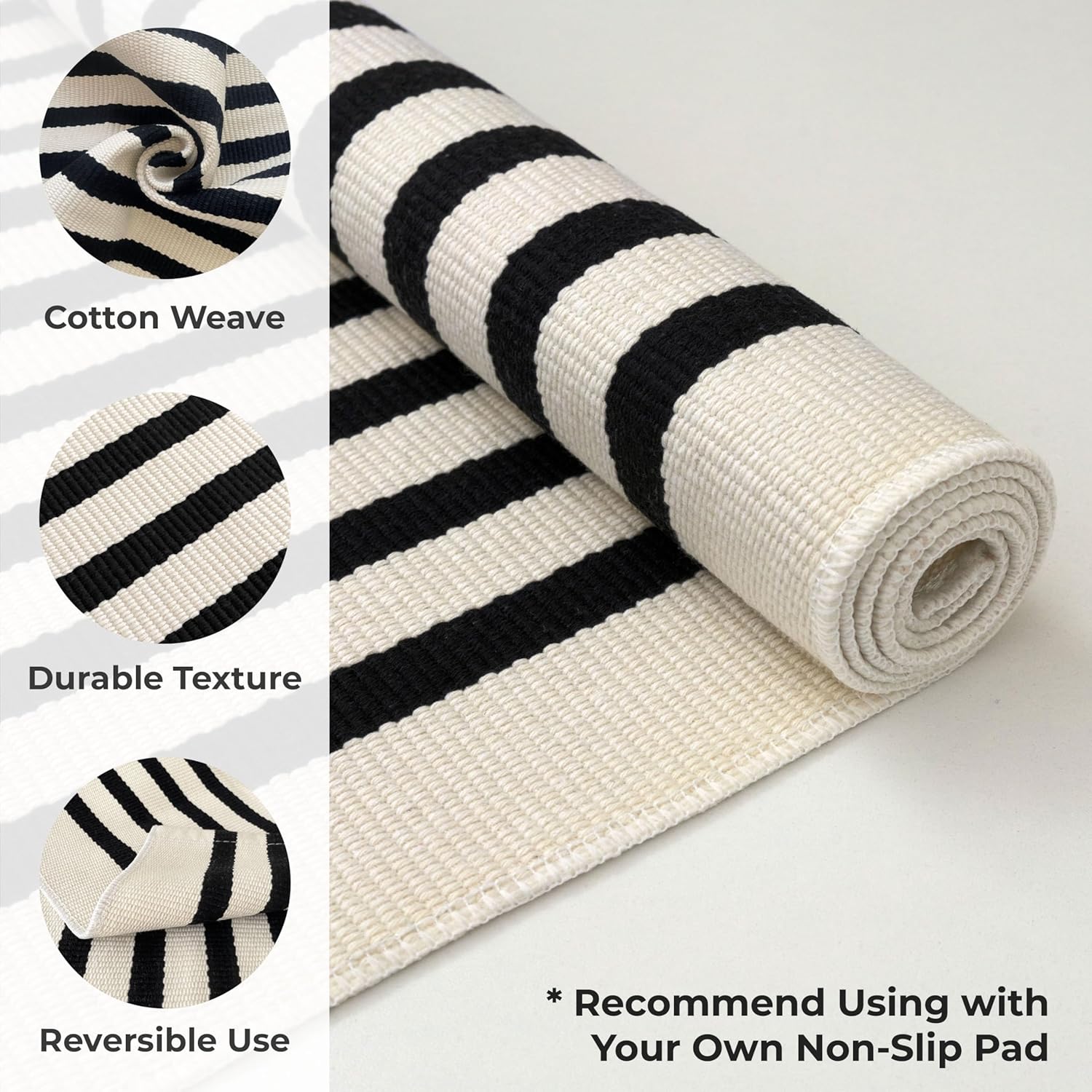 KOZYFLY Black and Beige Striped Porch Rug 2x3 Ft