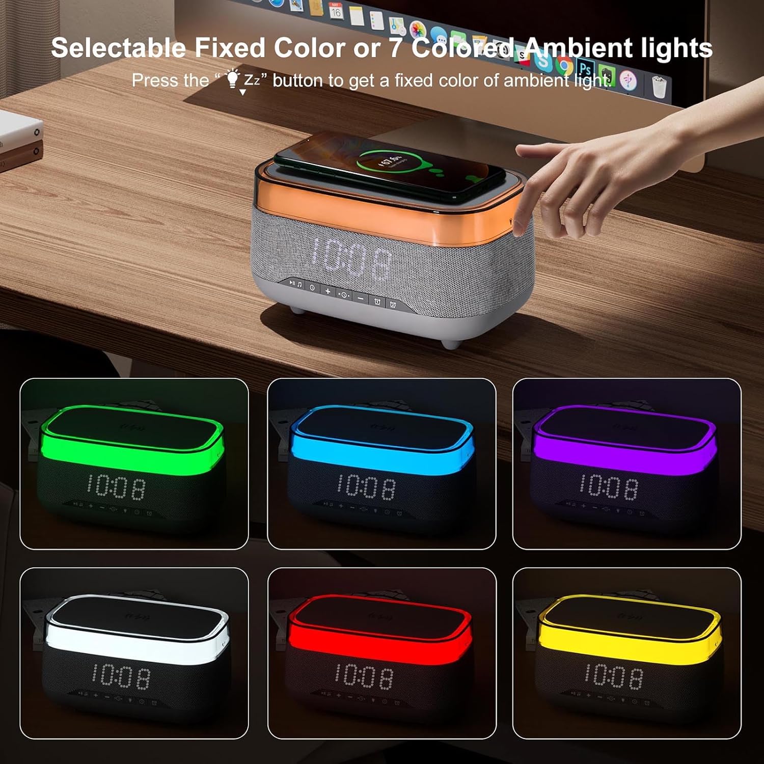 Smart Alarm Clock with 15W Wireless Charger and Bluetooth Speaker