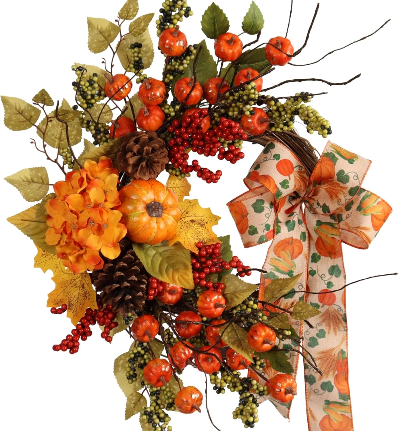 22 Inch Fall Artificial Wreath with Pumpkins and Berries