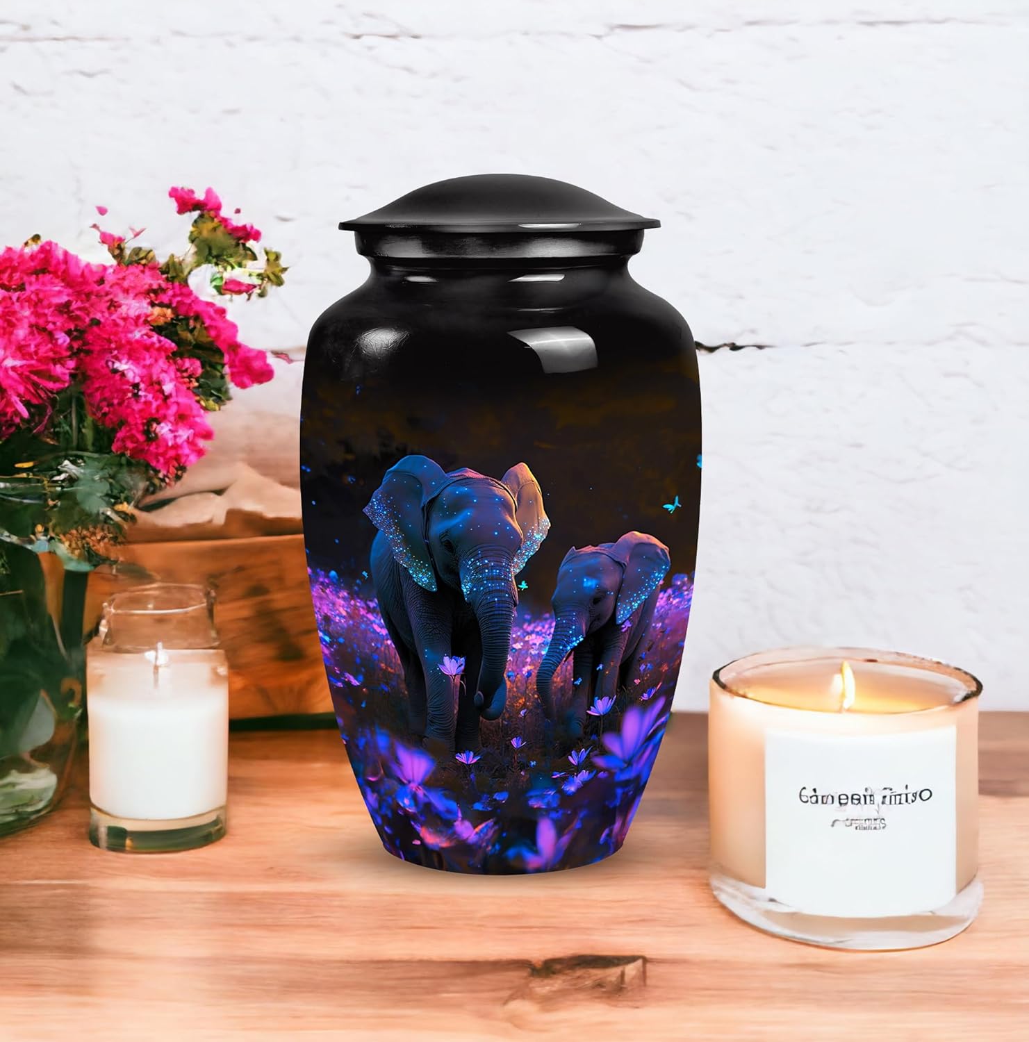 Elephant in Flower Field Cremation Urn - 10 Inch Adult Ashes Container