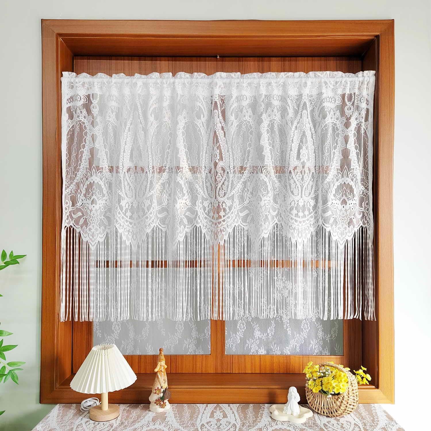 1 Panel French Floral Lace Sheer Curtains with Tassels